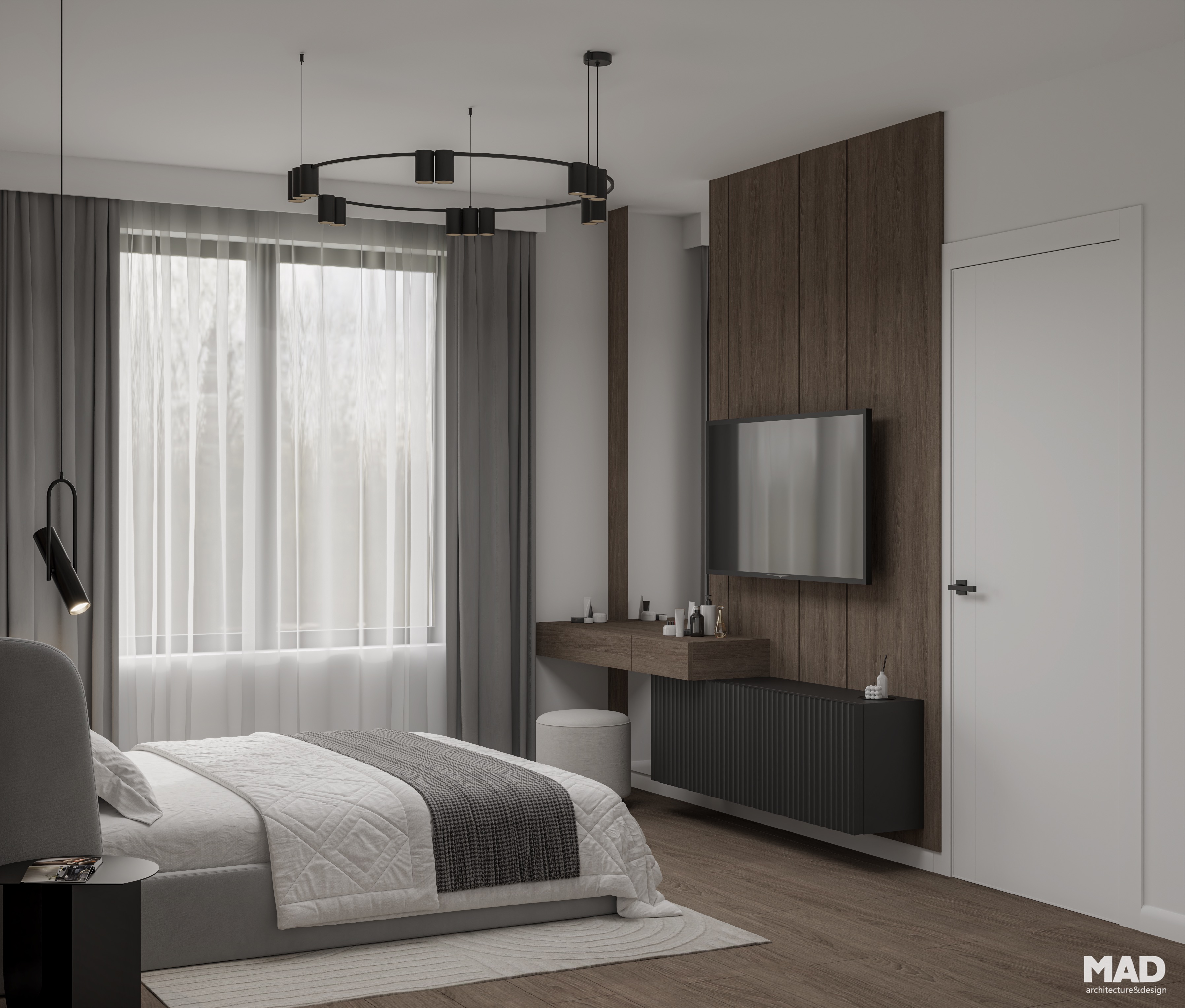 Zonă TV și toaletă de machiaj integrate în dormitorul matrimonial, cu finisaje de lemn și mobilier suspendat, design MAD architecture&design.