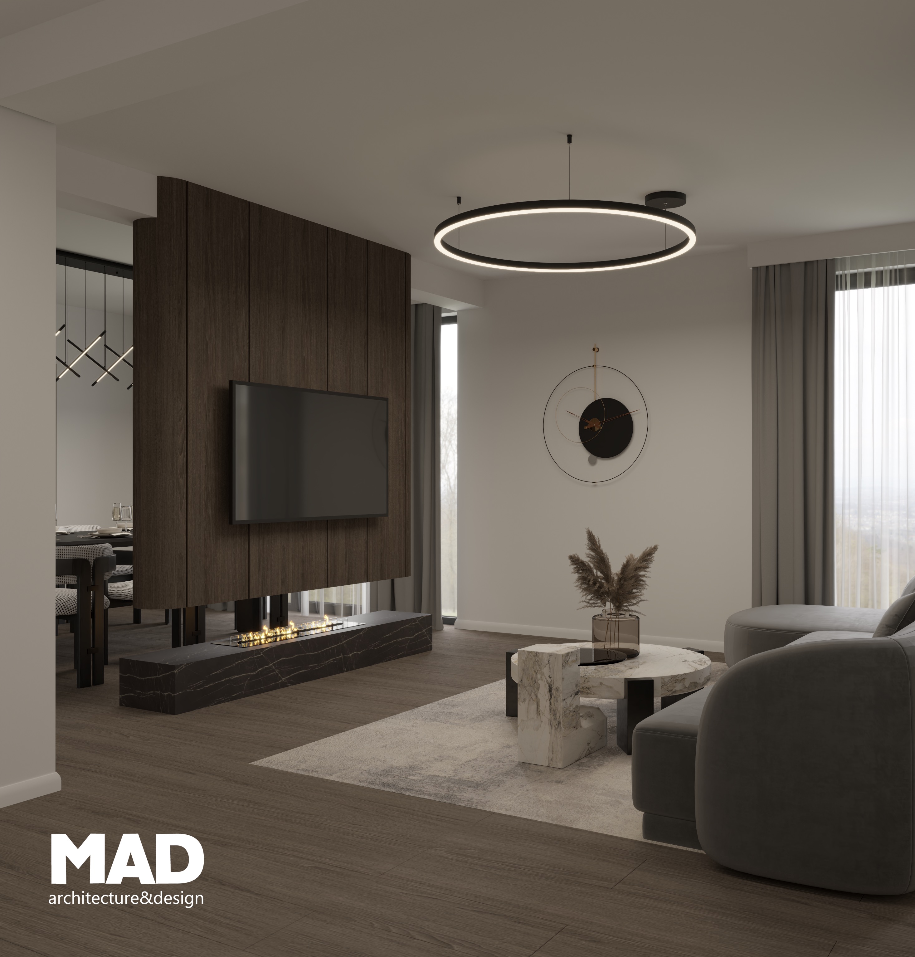 Living modern cu perete decorativ din lemn, TV încastrat și șemineu cu bioetanol, amenajare premium MAD architecture&design.