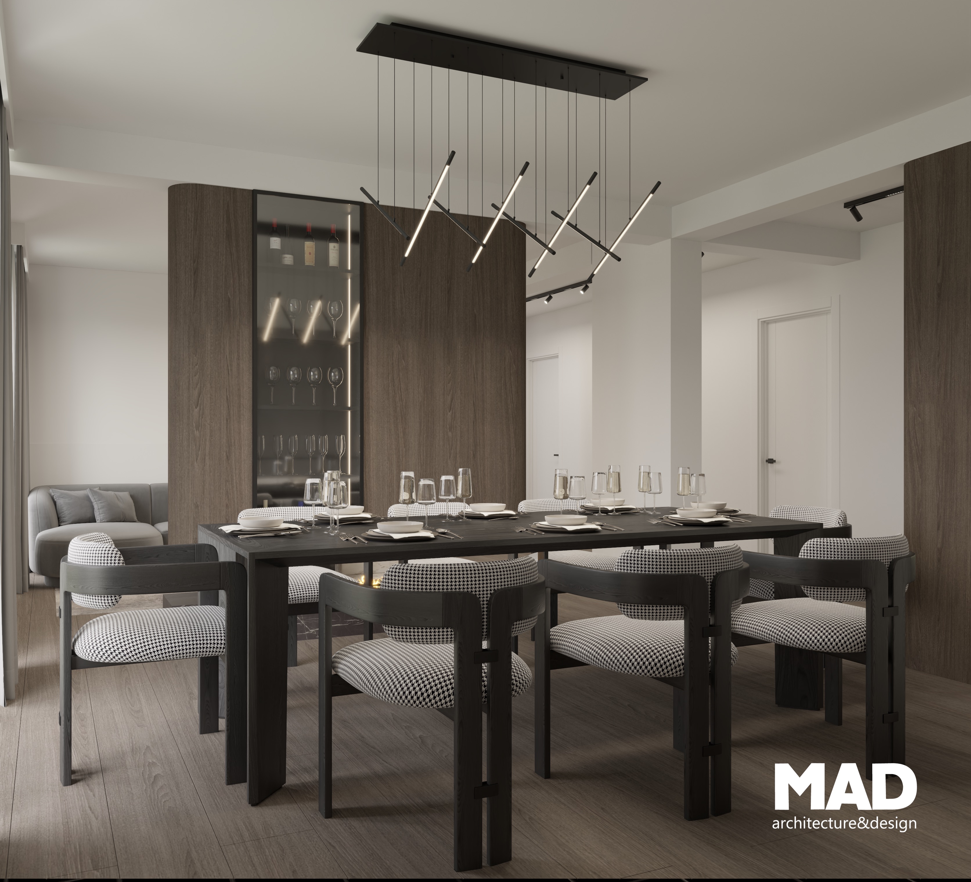Spațiu de dining contemporan, cu accente de lemn și mobilier sofisticat, scaune cu tapițerie în carouri alb-negru și lumină naturală amplă, amenajare MAD architecture&design.