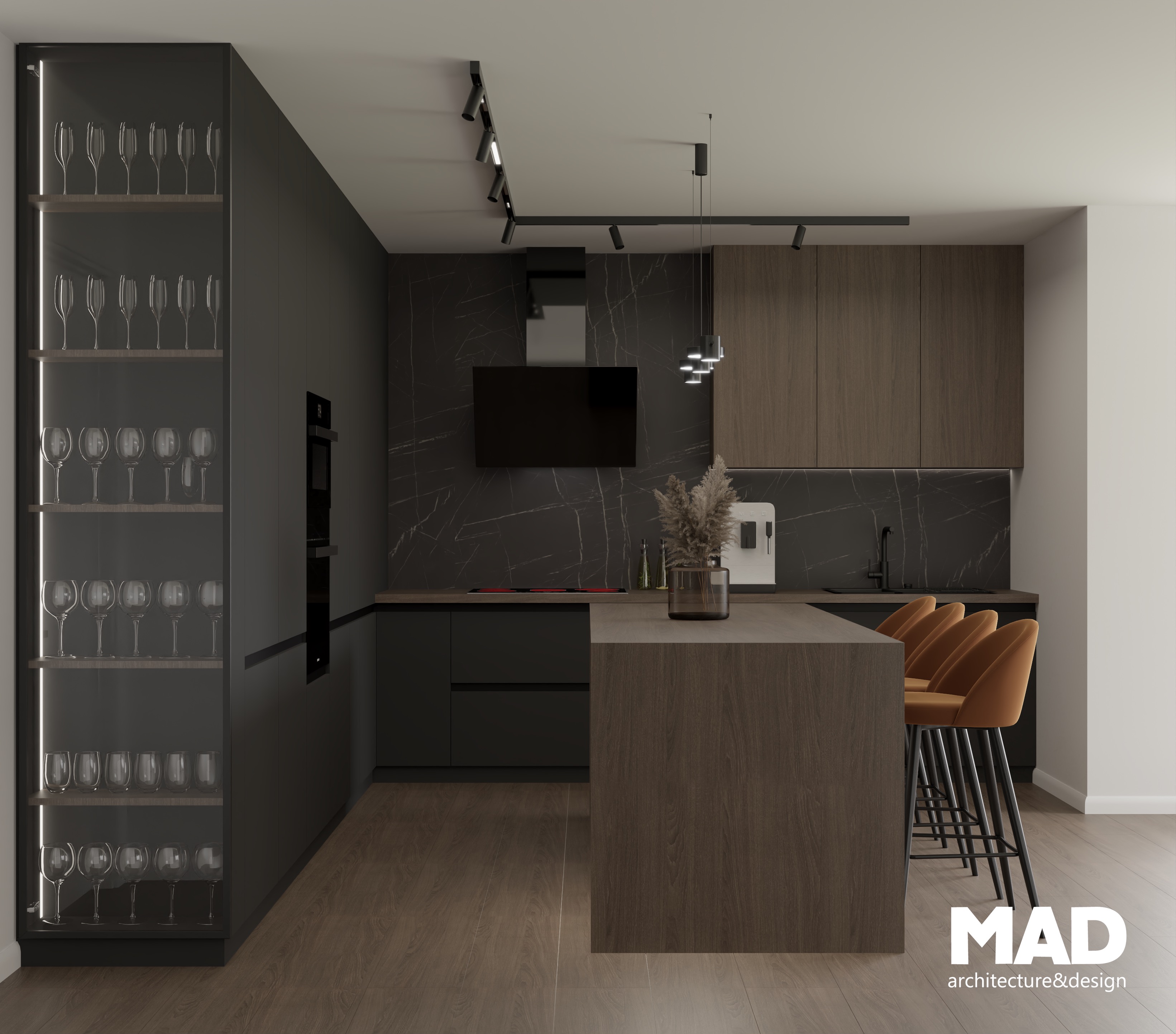 Bucătărie contemporană cu mobilier în tonuri de gri închis, panouri de lemn natural, blat de lucru cu textură de piatră și iluminat tehnic modern, proiect MAD architecture&design.