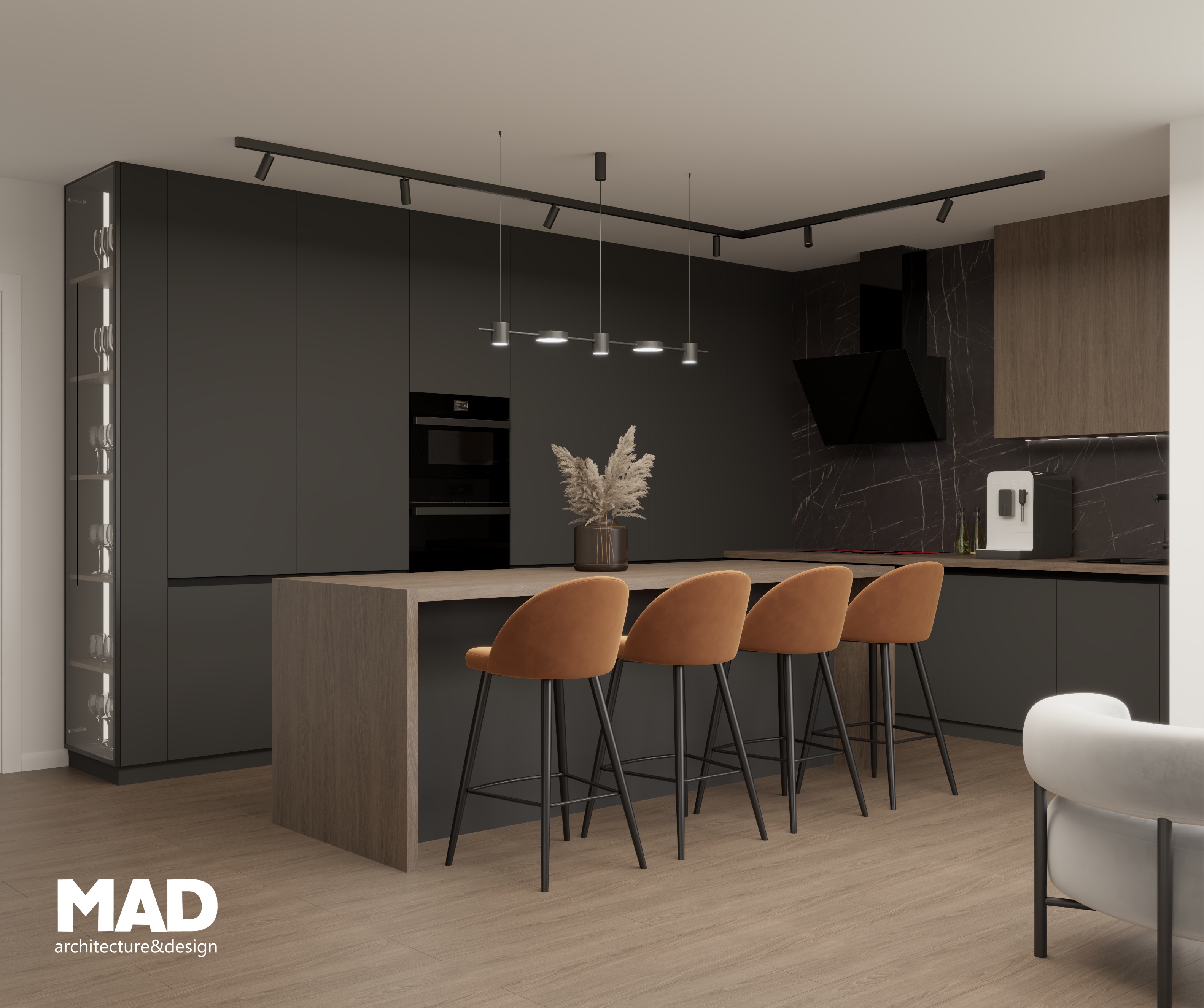 Bucătărie modernă cu insulă centrală din lemn, fronturi mate gri-antracit, blat din piatră neagră și scaune bar maro caramel, design elegant MAD architecture&design.