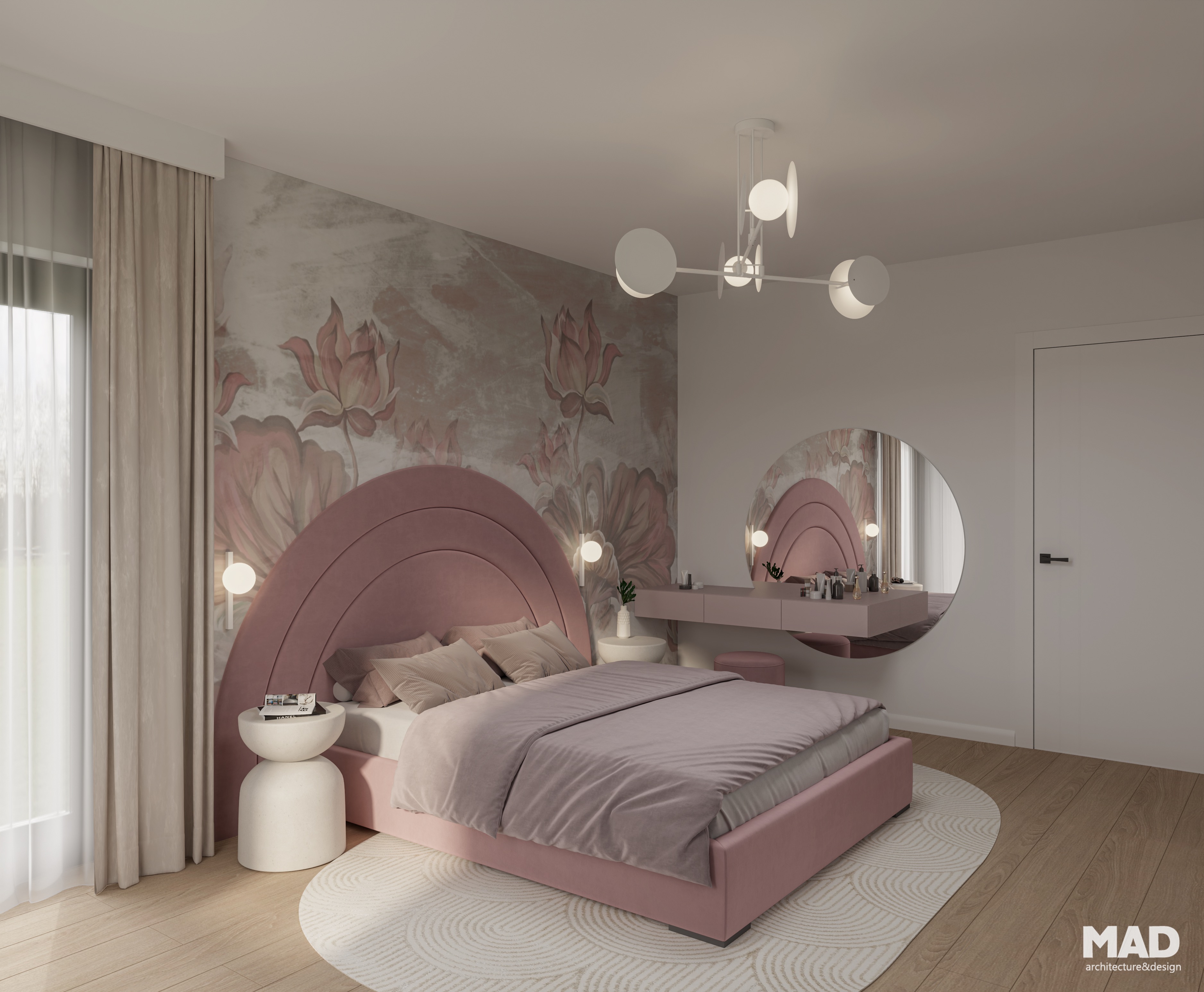 Dormitor feminin cu pat tapițat roz prăfuit, tăblie arcuită și tapet floral decorativ, completat de măsuțe laterale albe și iluminat ambiental, design contemporan MAD architecture&design.