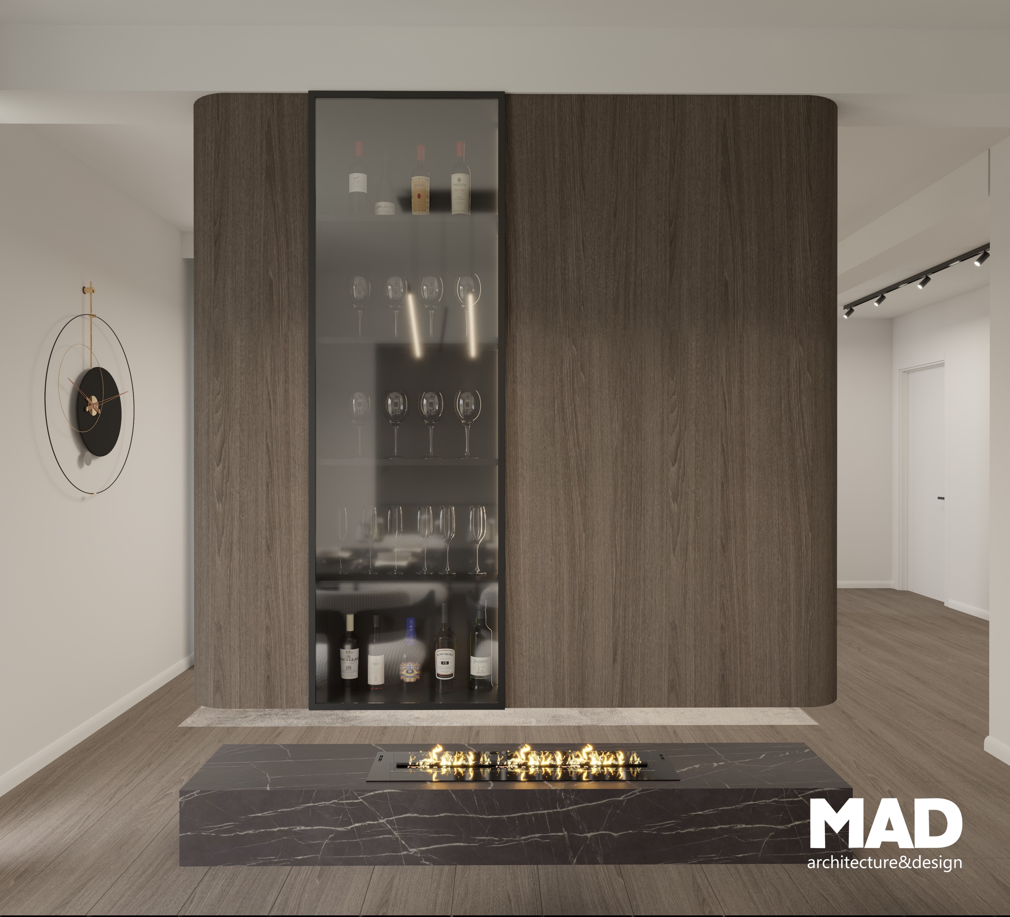 Zonă elegantă de living cu perete curbat finisat în lemn, vitrină iluminată cu pahare și sticle și șemineu bioetanol în finisaj de marmură, design MAD architecture&design.