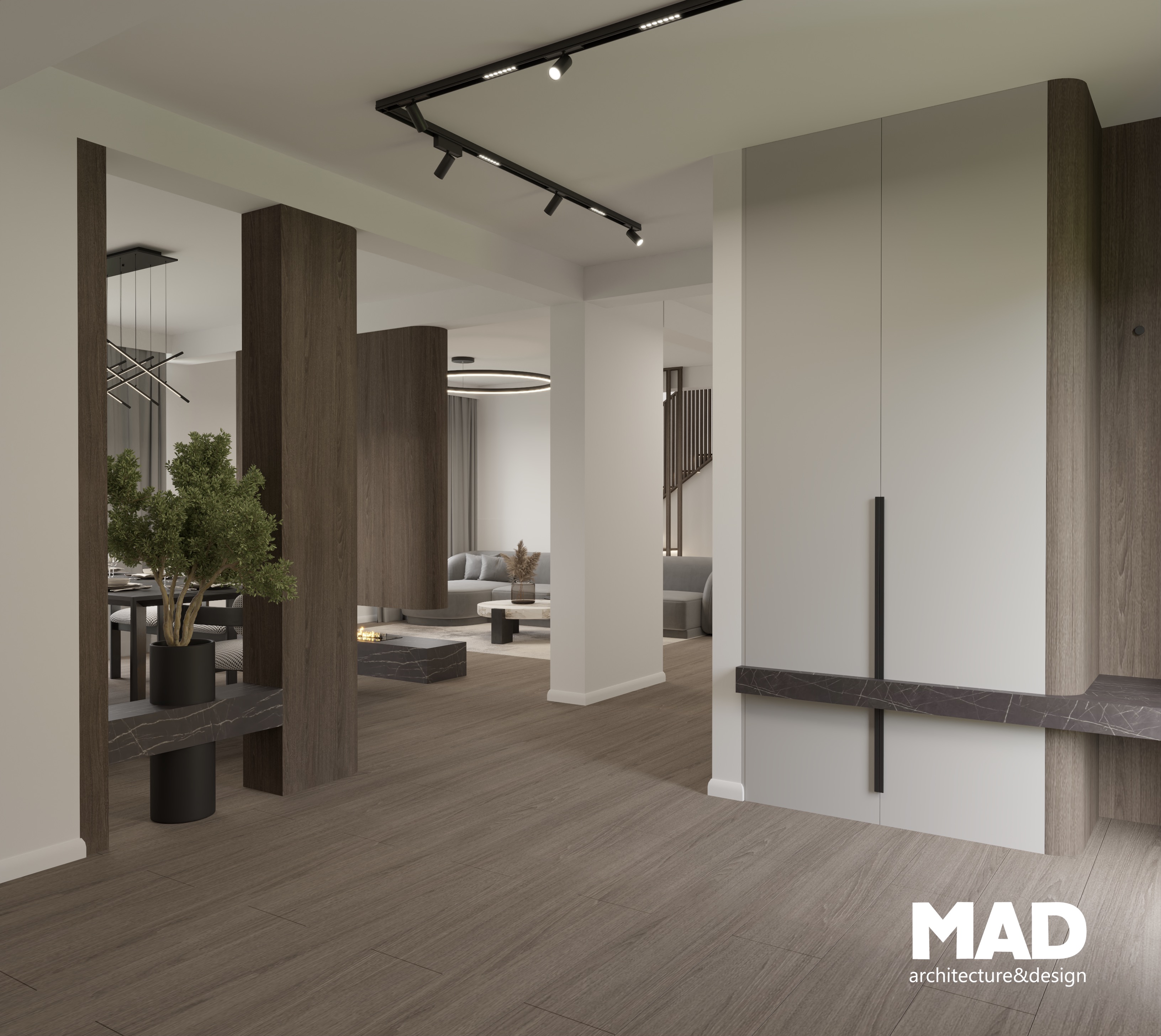 Hol de acces în stil contemporan, cu dulapuri în nuanțe deschise, detalii din lemn și pardoseală caldă din parchet, design funcțional și rafinat realizat de MAD architecture&design.