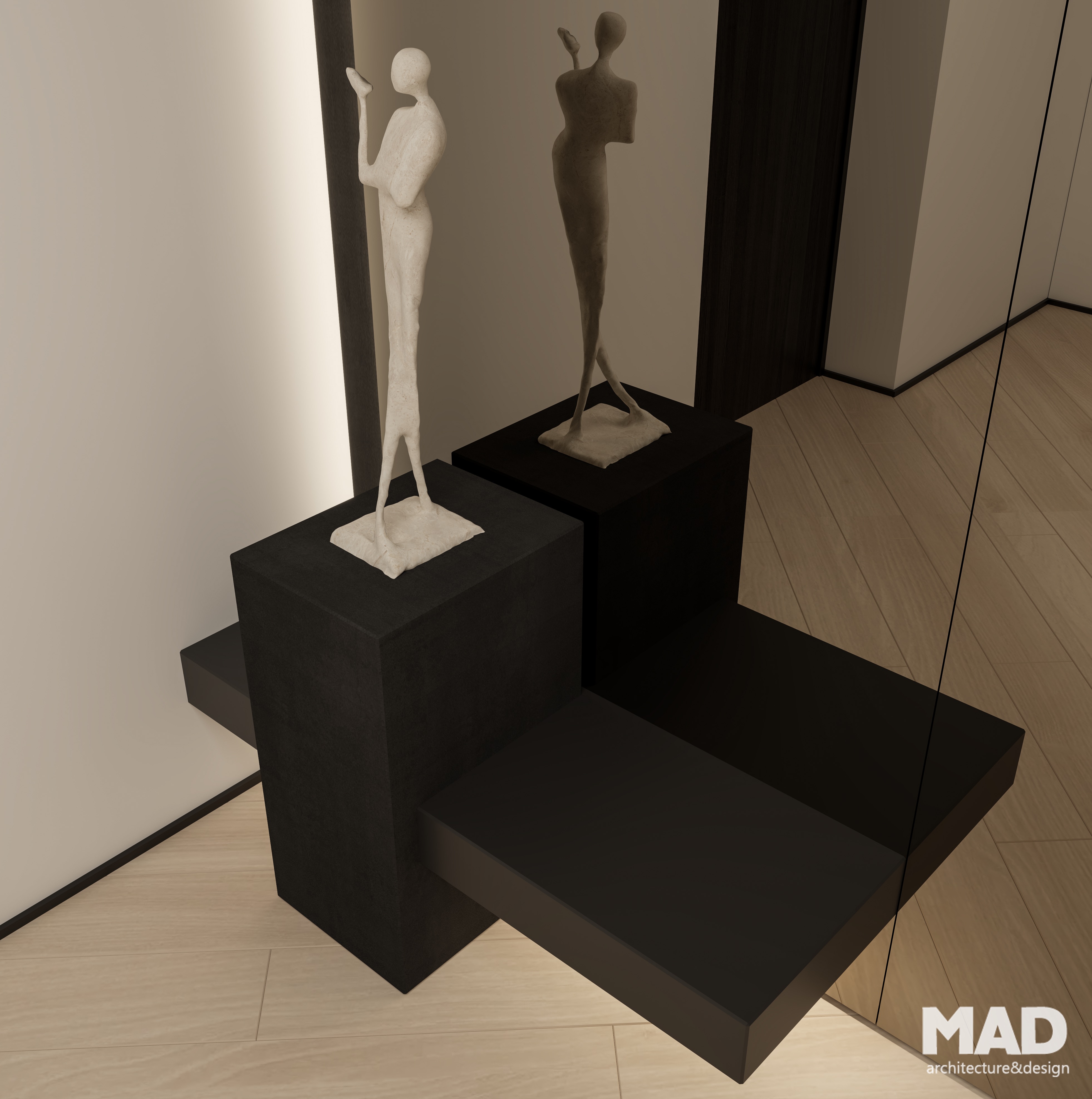 Detaliu minimalist din holul de intrare, cu piedestal negru și sculptură modernă în tonuri neutre, design elegant semnat MAD architecture&design.