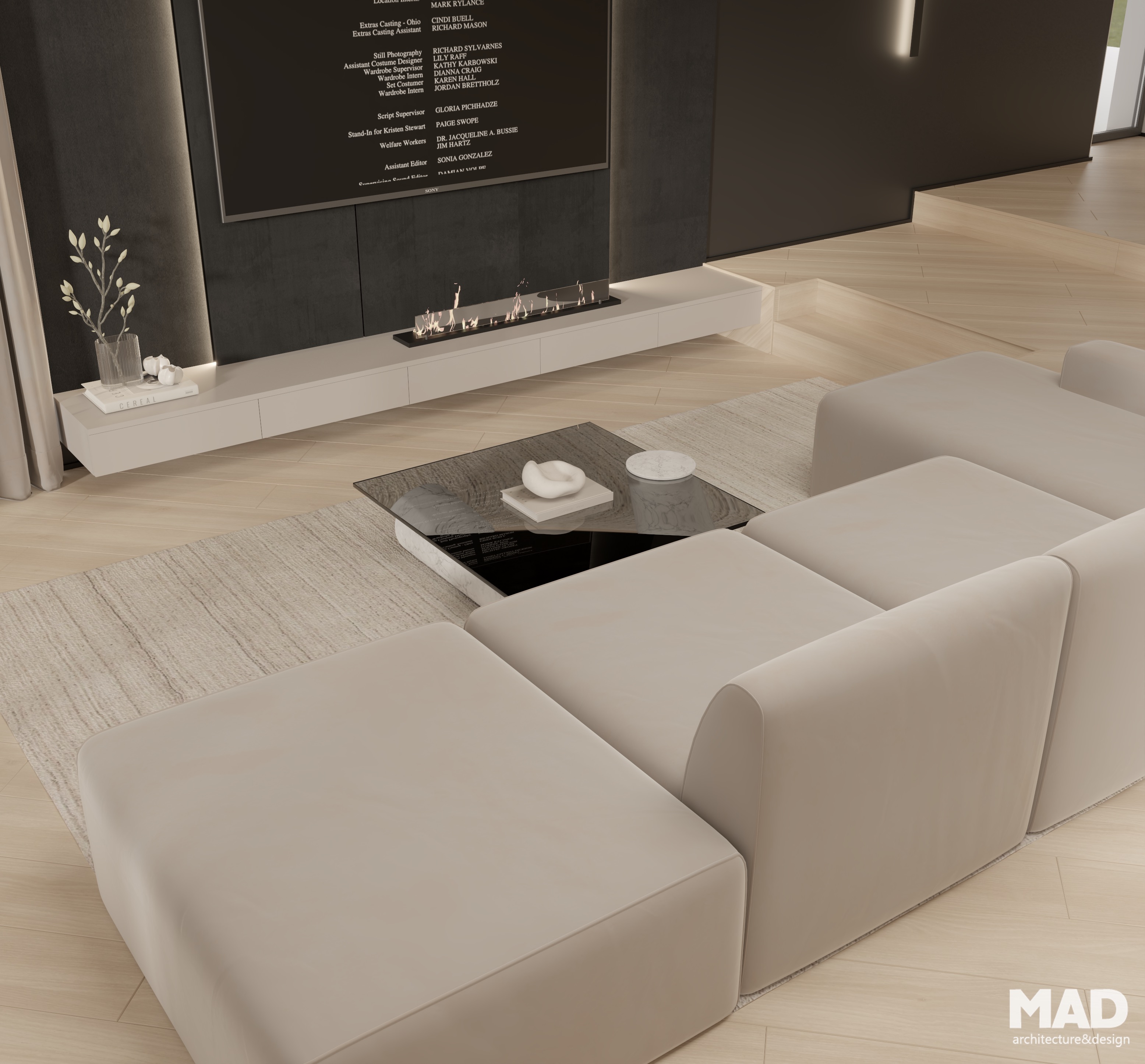 Living open space cu canapea modulară bej și masă de cafea din marmură și sticlă, design minimalist premium realizat de MAD architecture&design.