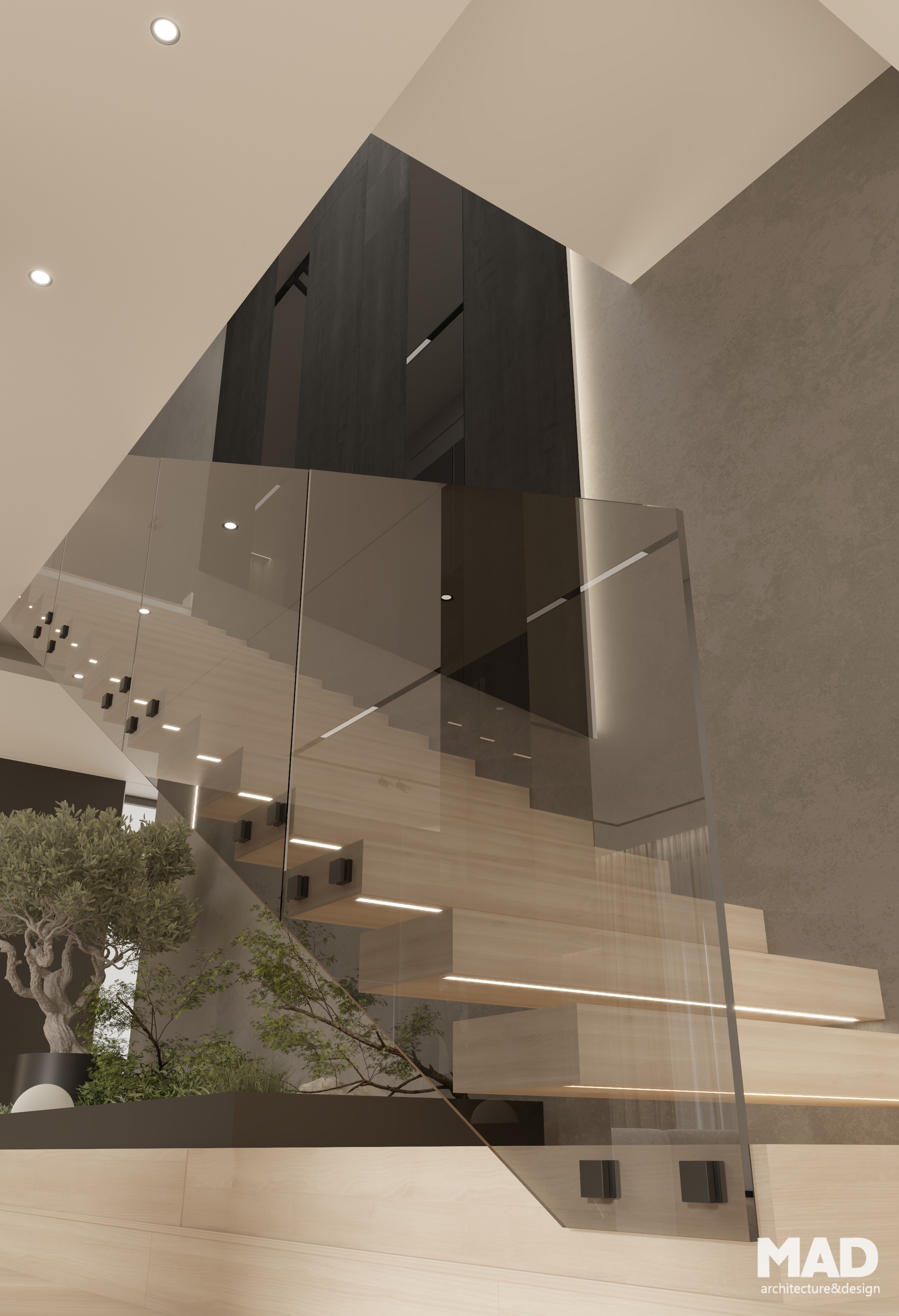 Scară interioară cu trepte din lemn suspendate și balustradă din sticlă, iluminată subtil, parte din designul modern MAD architecture&design