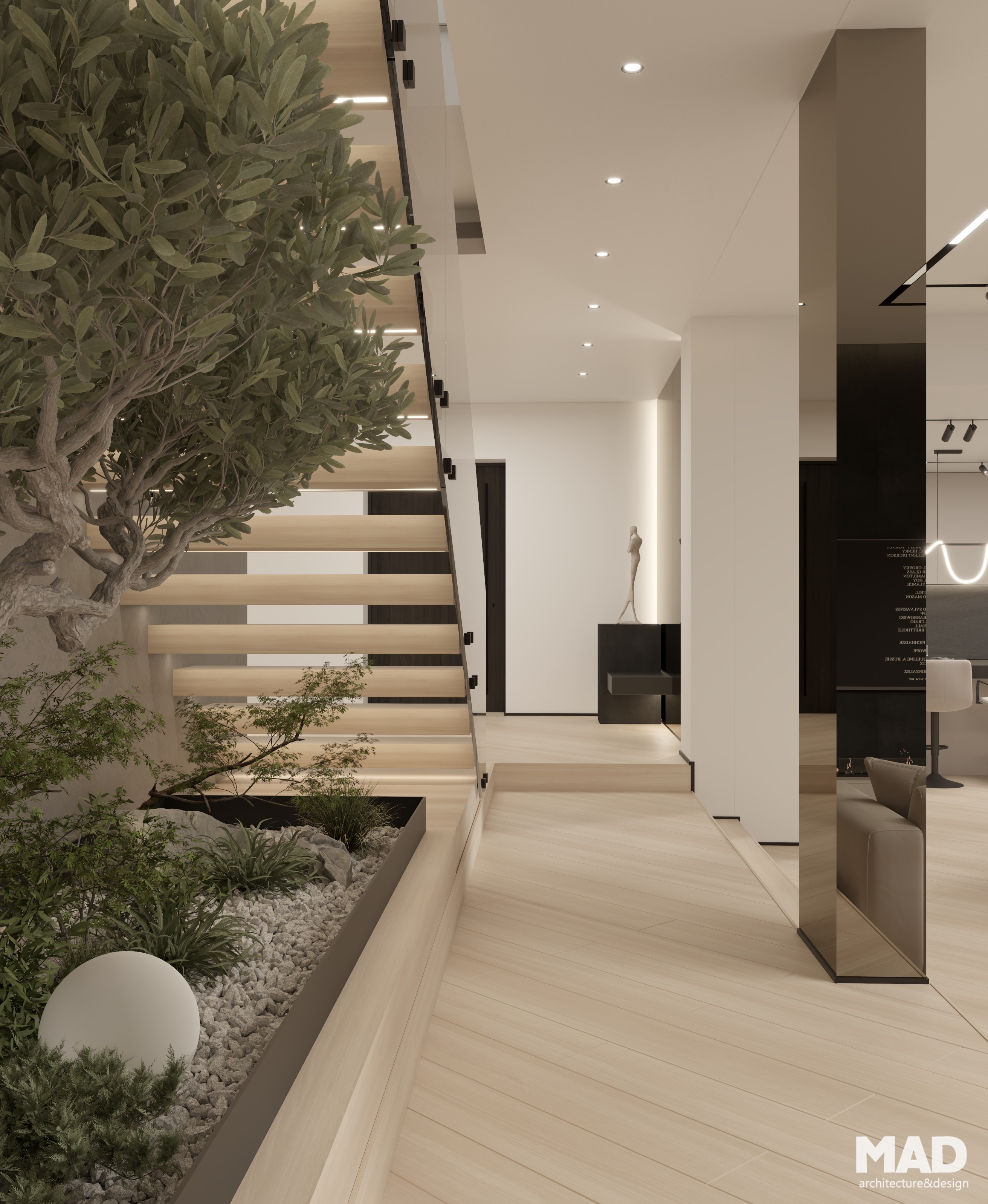 Hol de acces cu scară suspendată, colț verde integrat și finisaje din lemn natural, realizat de MAD architecture&design.