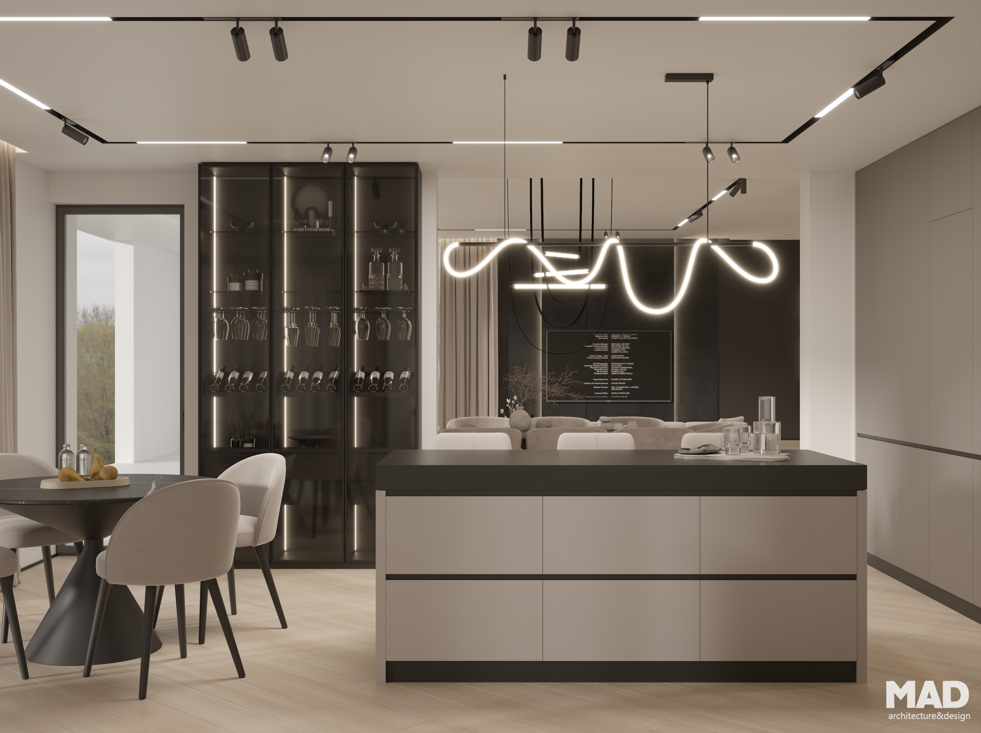 Bucătărie modernă cu insulă centrală minimalistă și corp vitrat pentru vinuri, design contemporan MAD architecture&design.