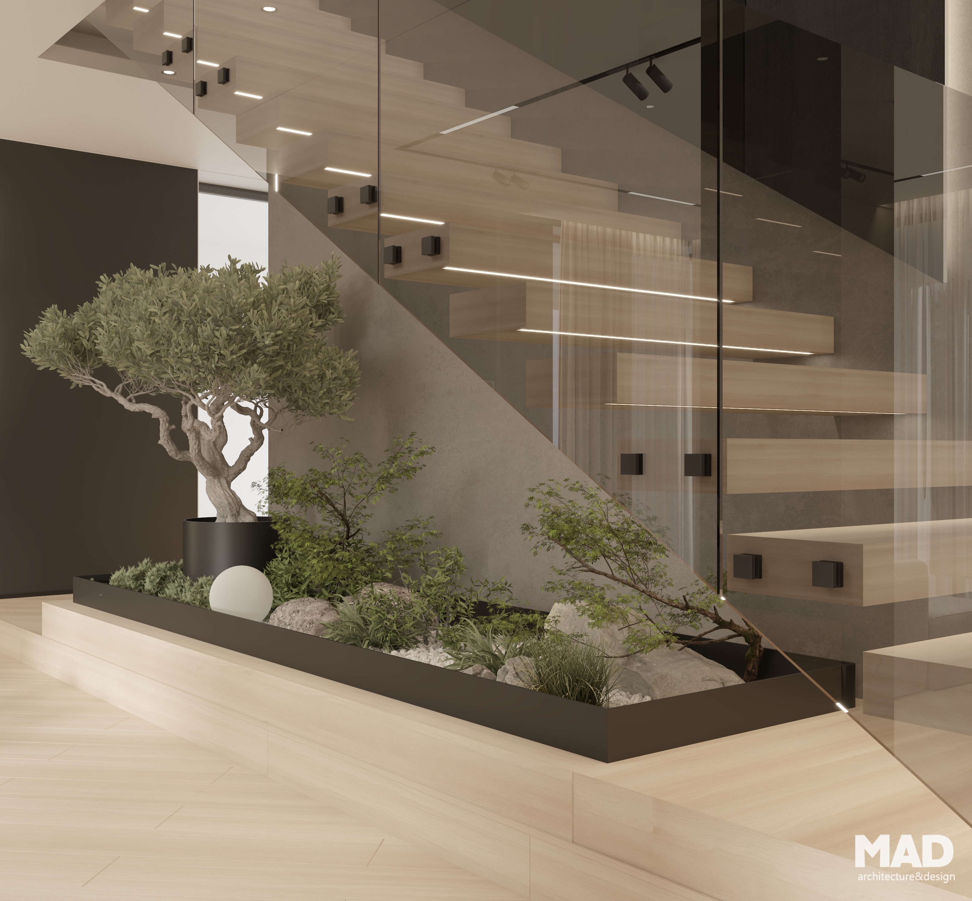 Detaliu al scării din lemn cu iluminare LED și jardinieră interioară verde, semnat MAD architecture&design.