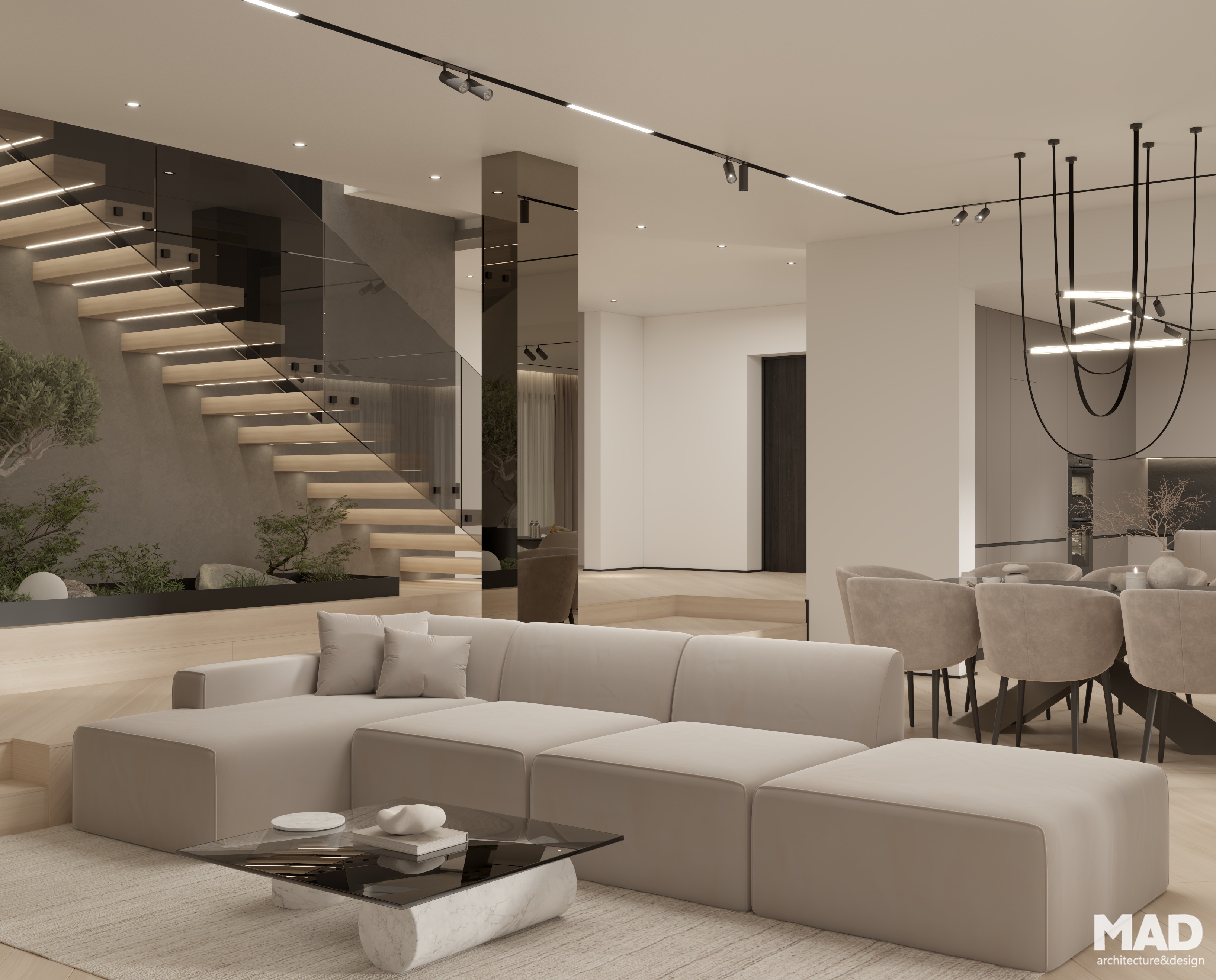 Zonă de relaxare modernă, cu canapea modulară și finisaje premium în tonuri neutre, design minimalist de MAD architecture&design.