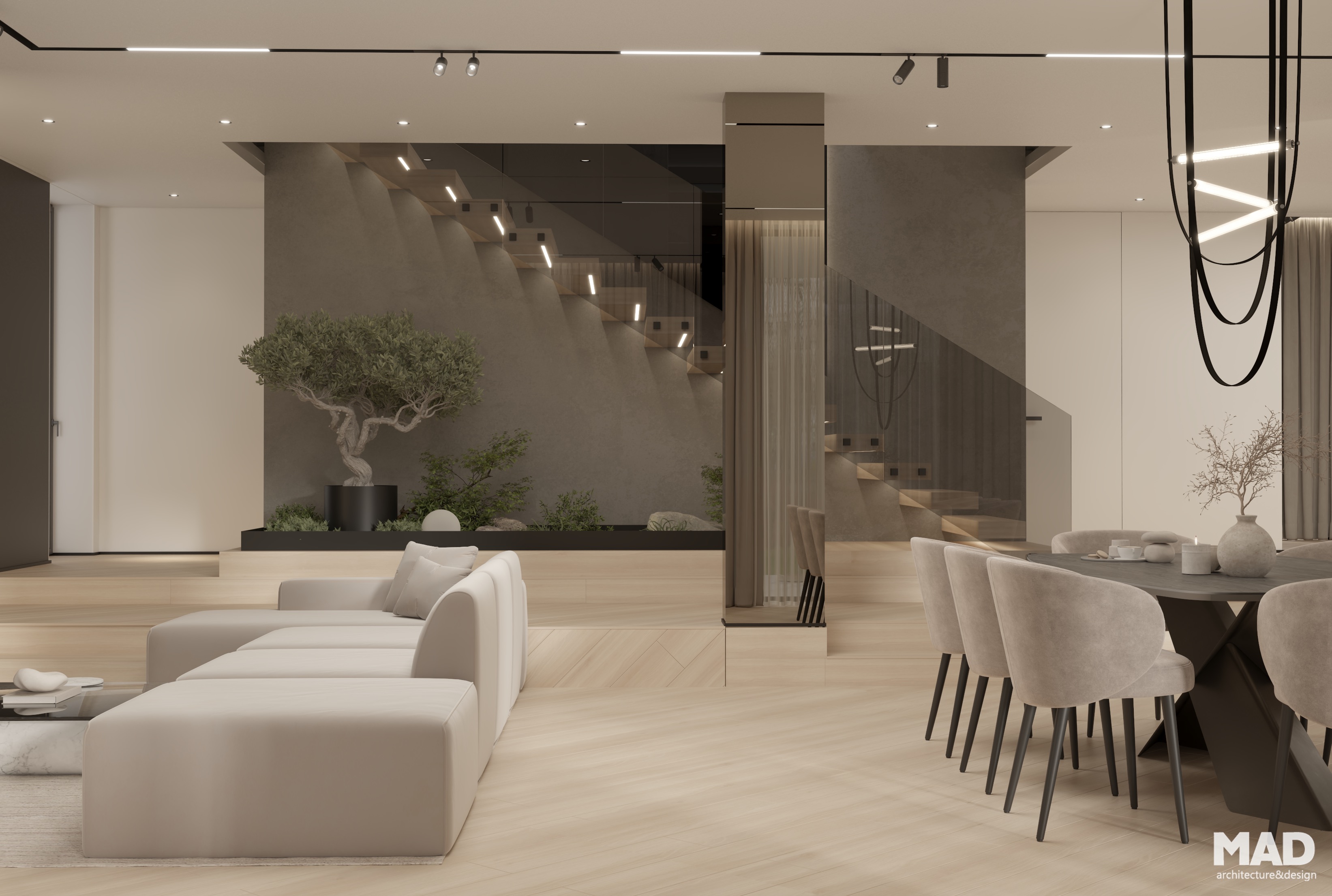 Compoziție open space ce unește livingul și diningul într-un concept coerent și sofisticat, realizat de MAD architecture&design.