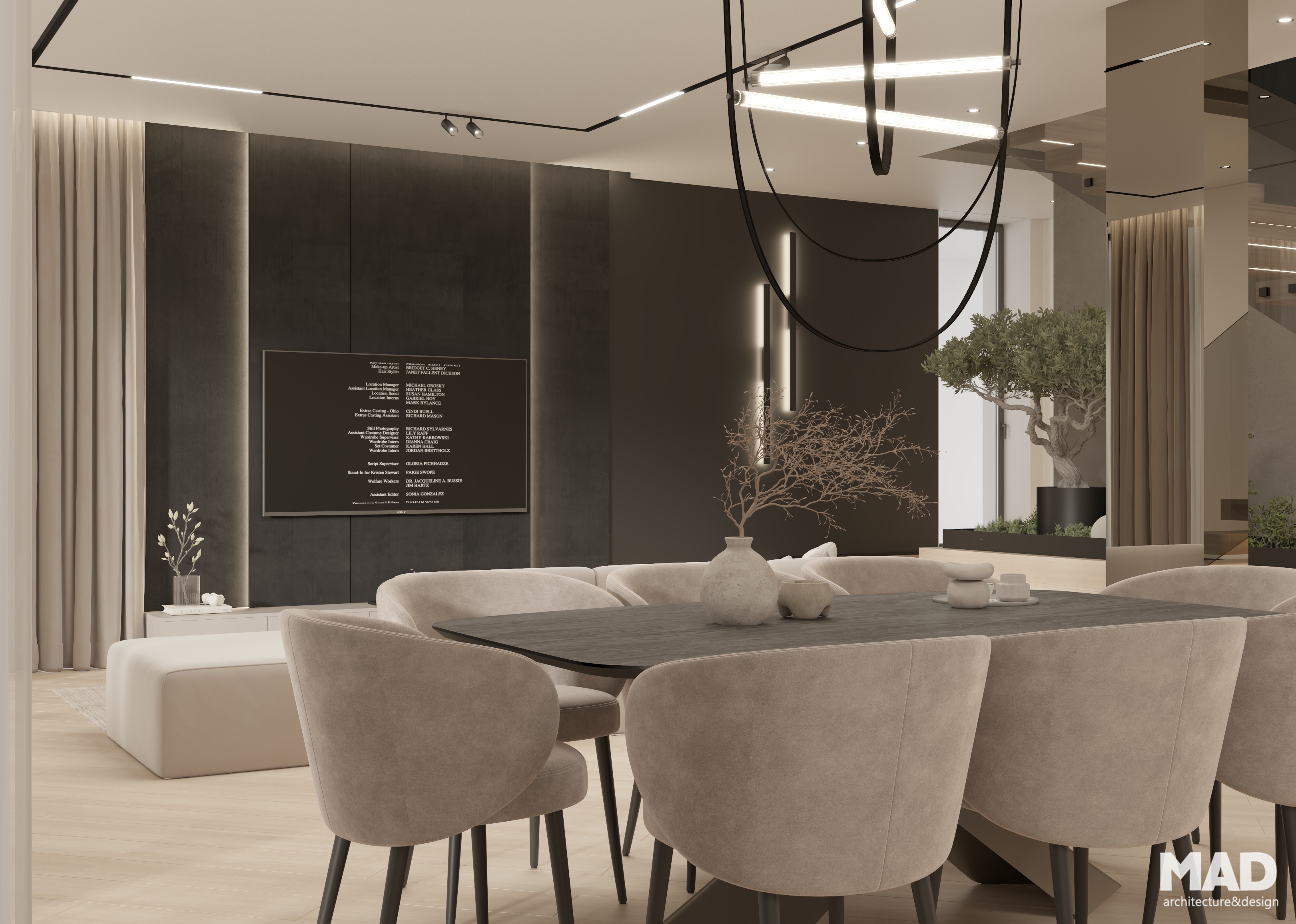 Spațiu open space cu dining și living integrate armonios, decorat în tonuri neutre, cu mobilier tapițat și accente negre, design sofisticat semnat MAD architecture&design.
