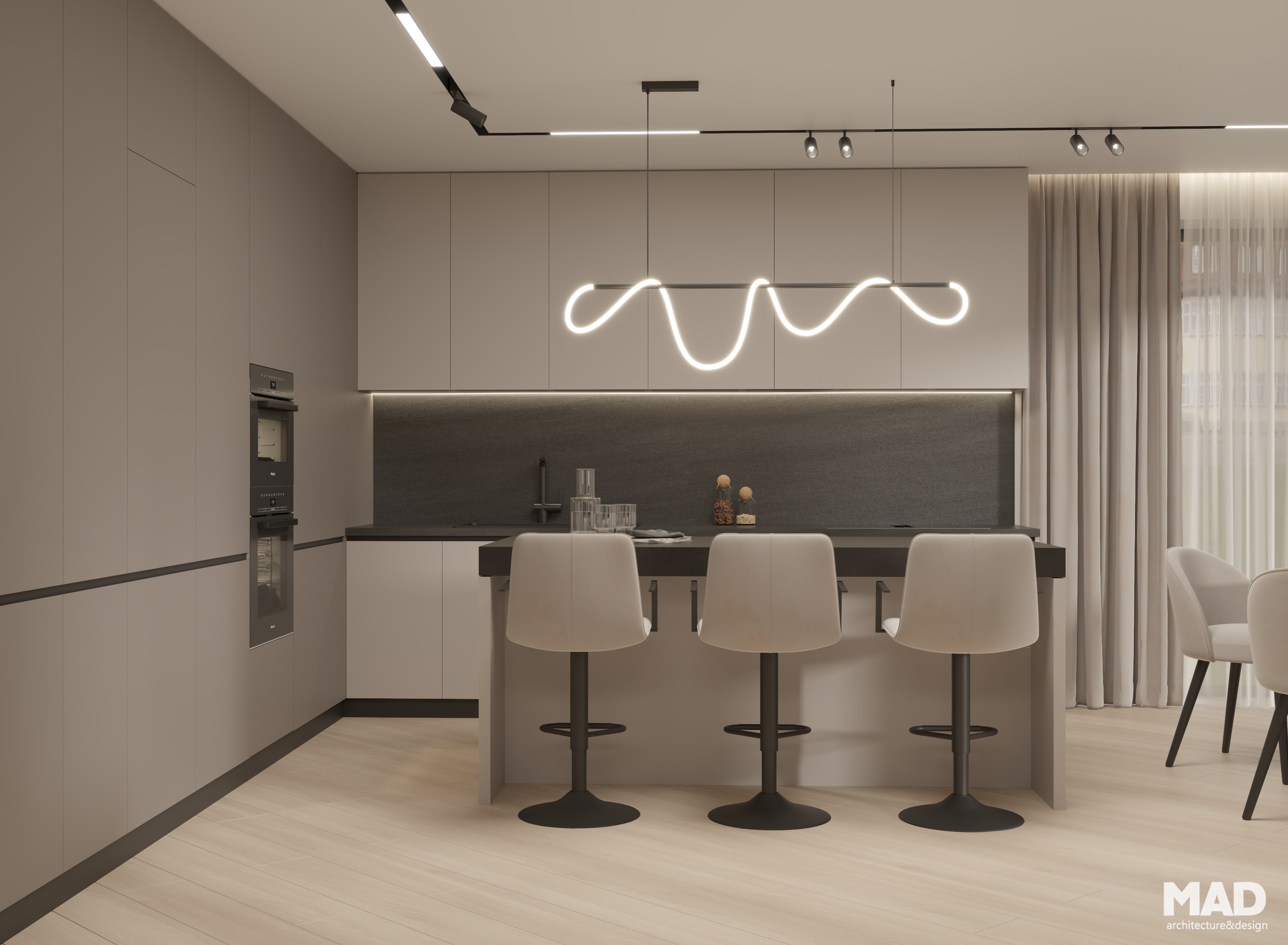 Bucătărie minimalistă cu insulă centrală elegantă, finisaje mate și blat negru contrastant, iluminată modern, design premium realizat de MAD architecture&design.