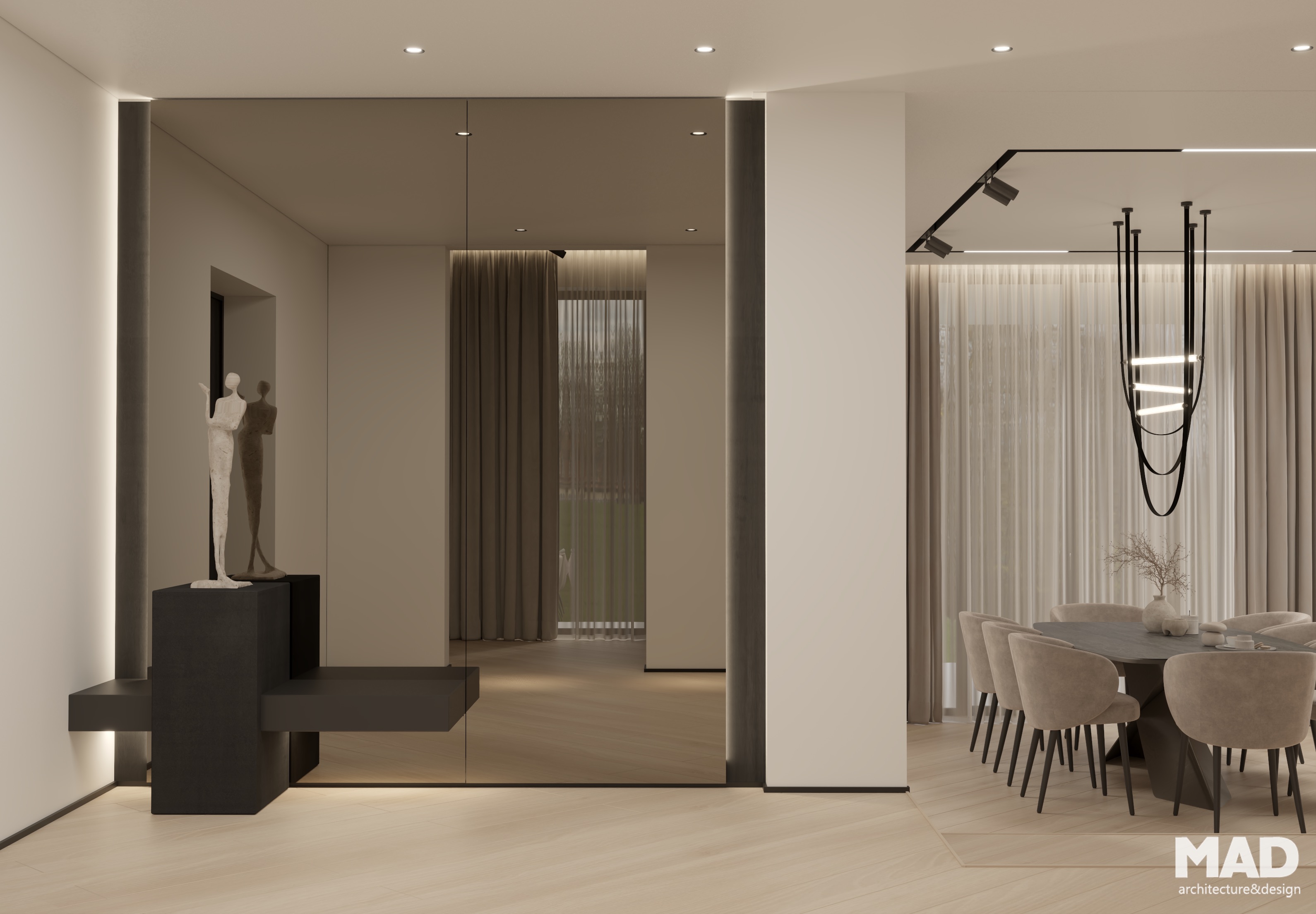 Hol de intrare modern cu oglindă de perete integrală și mobilier minimalist negru, finisaje în tonuri calde de bej, concept rafinat semnat MAD architecture&design.