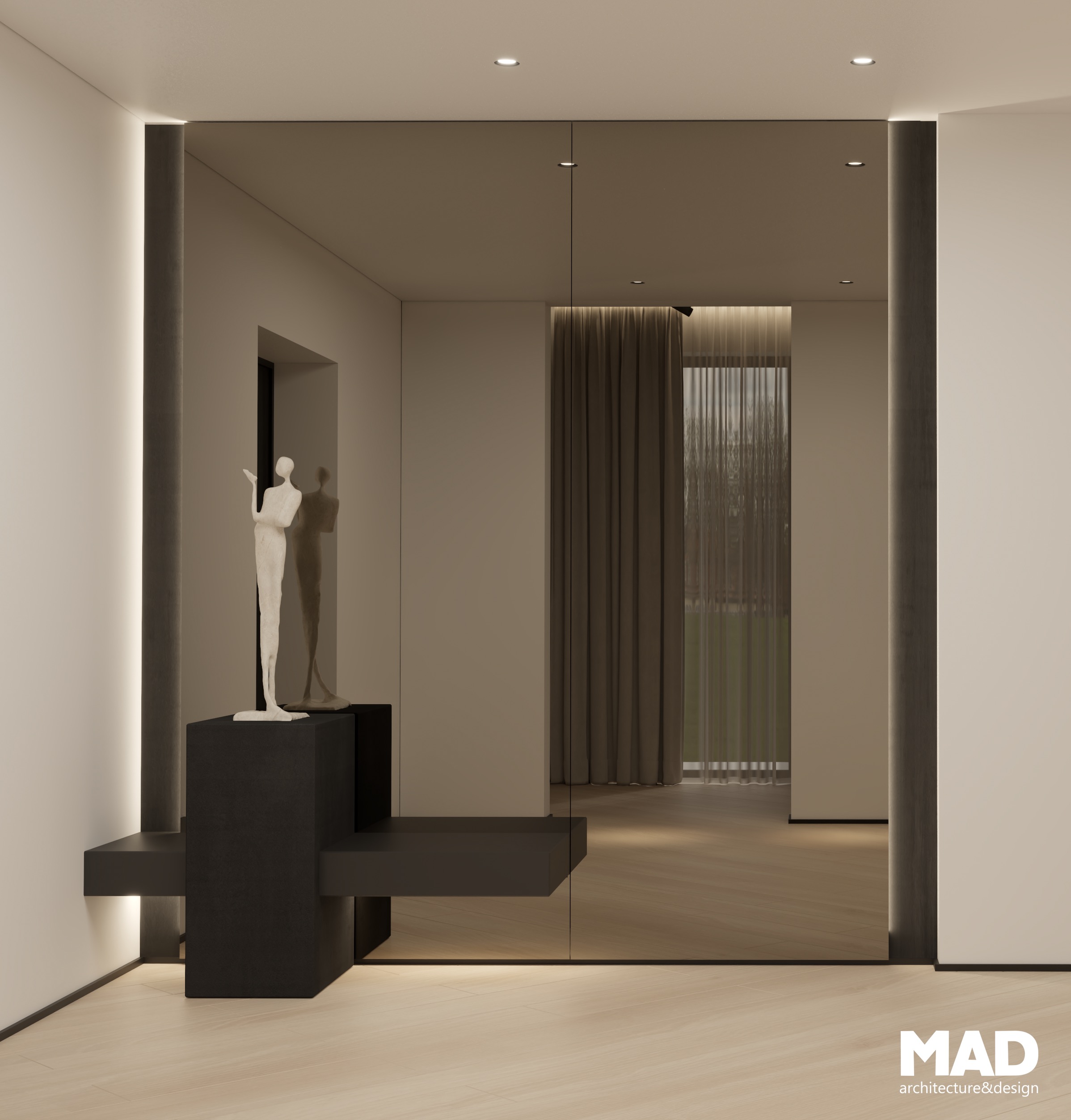 Detaliu din holul de intrare cu piedestal negru, sculptură decorativă și oglindă de mari dimensiuni, într-o compoziție minimalistă realizată de MAD architecture&design.