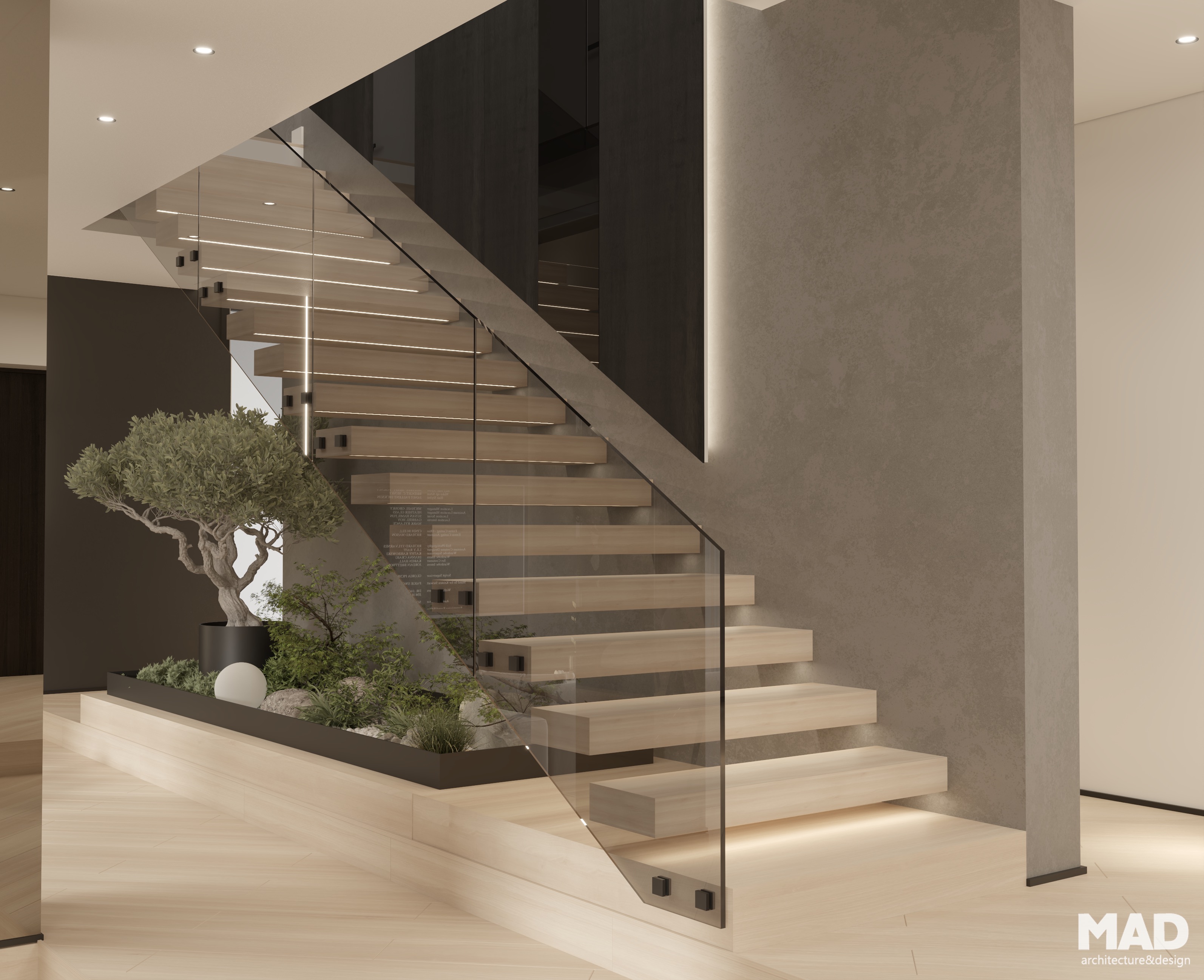 Scară interioară suspendată din lemn deschis, cu balustradă din sticlă și jardinieră integrată, design elegant și natural realizat de MAD architecture&design.