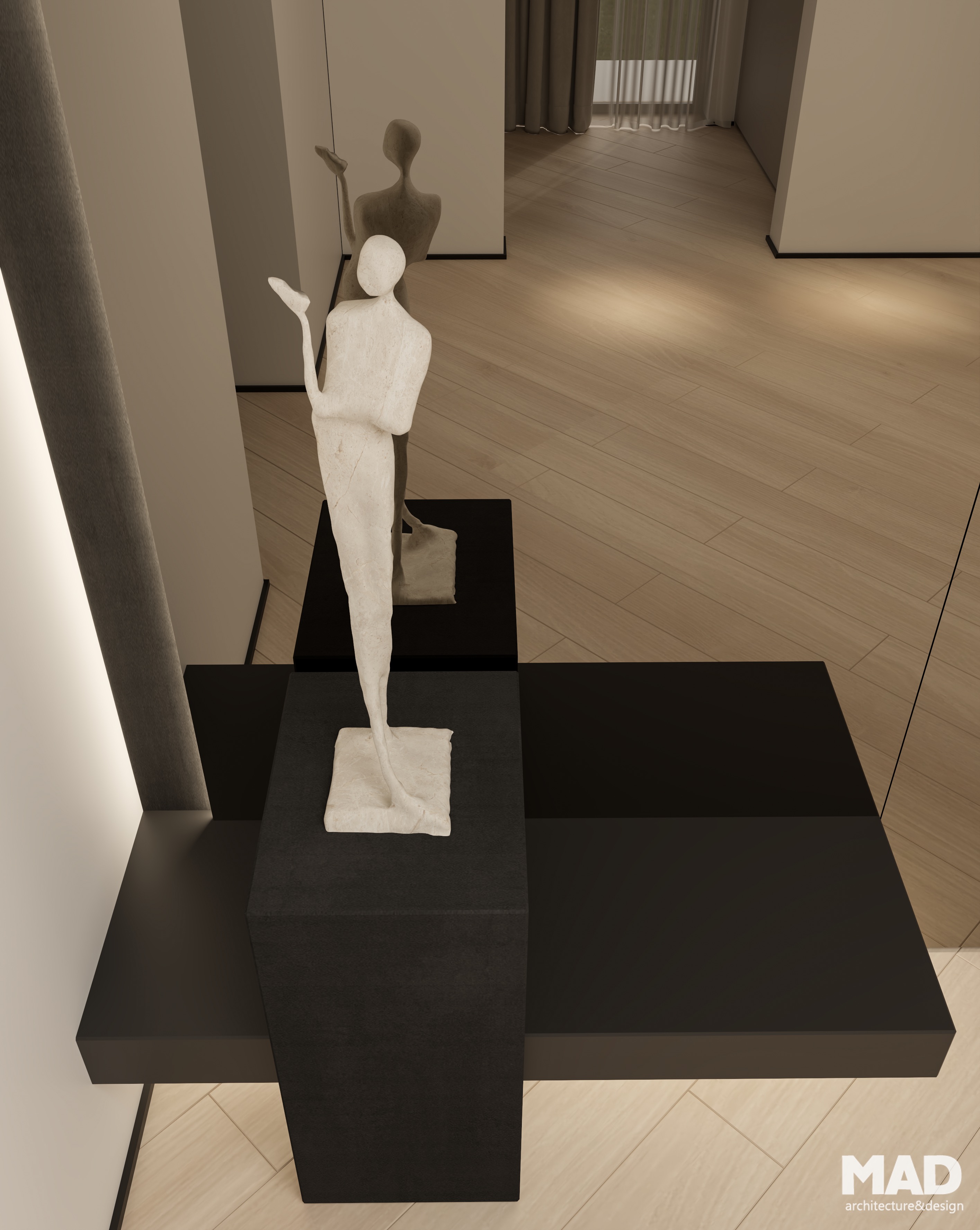 Detaliu artistic al holului cu sculptură decorativă pe suport negru și reflexii delicate în oglindă, parte din designul sofisticat semnat MAD architecture&design.