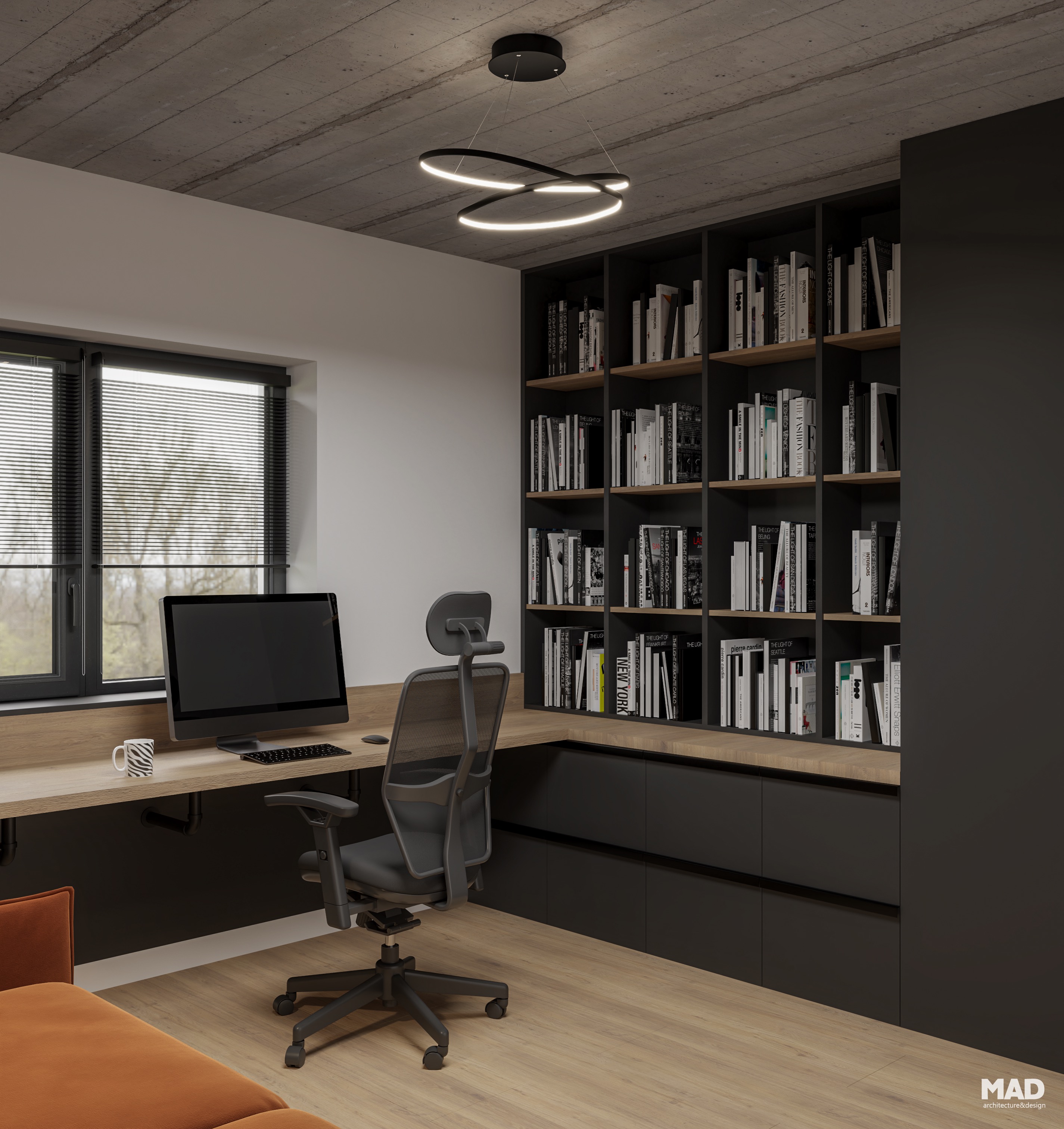 Birou modern cu bibliotecă generoasă, mobilier antracit și blat din lemn natural, design industrial elegant realizat de MAD architecture&design.