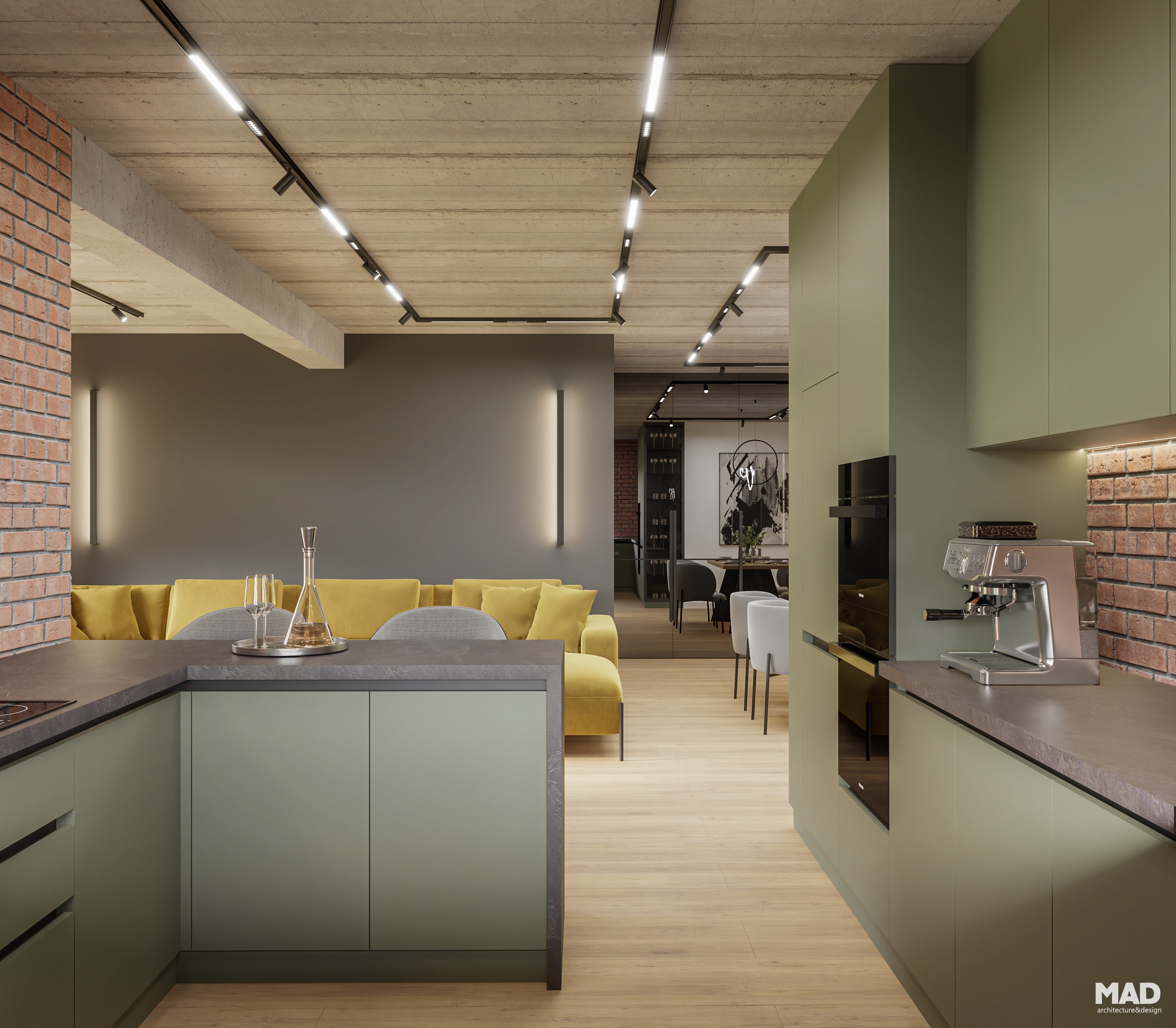 Bucătărie open-space cu insulă centrală, blat antracit și scaune bar negre, amenajare MAD architecture&design.
