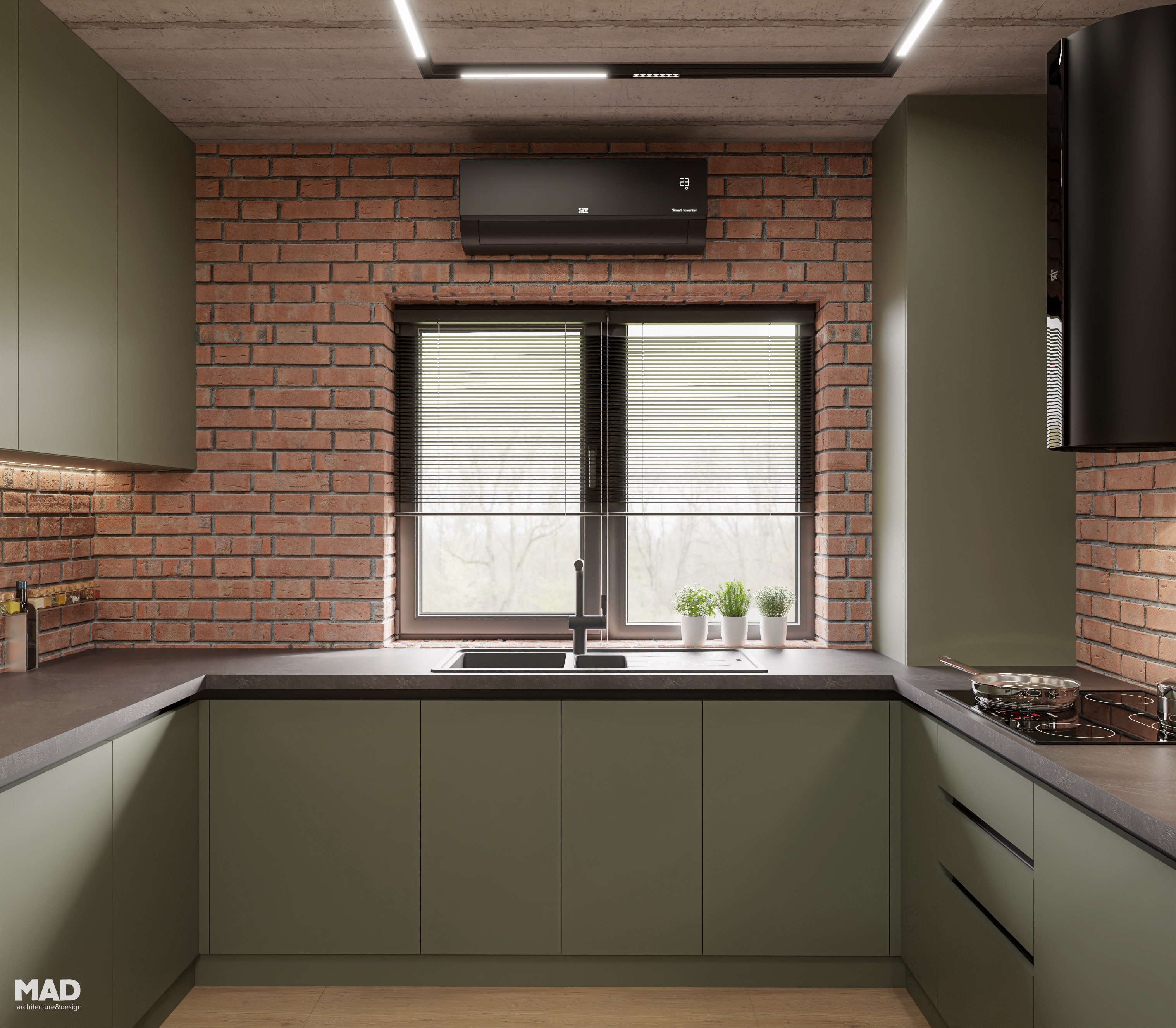 Bucătărie în tonuri de verde olive și cărămidă aparentă, cu accente metalice și iluminat linear, design MAD architecture&design.