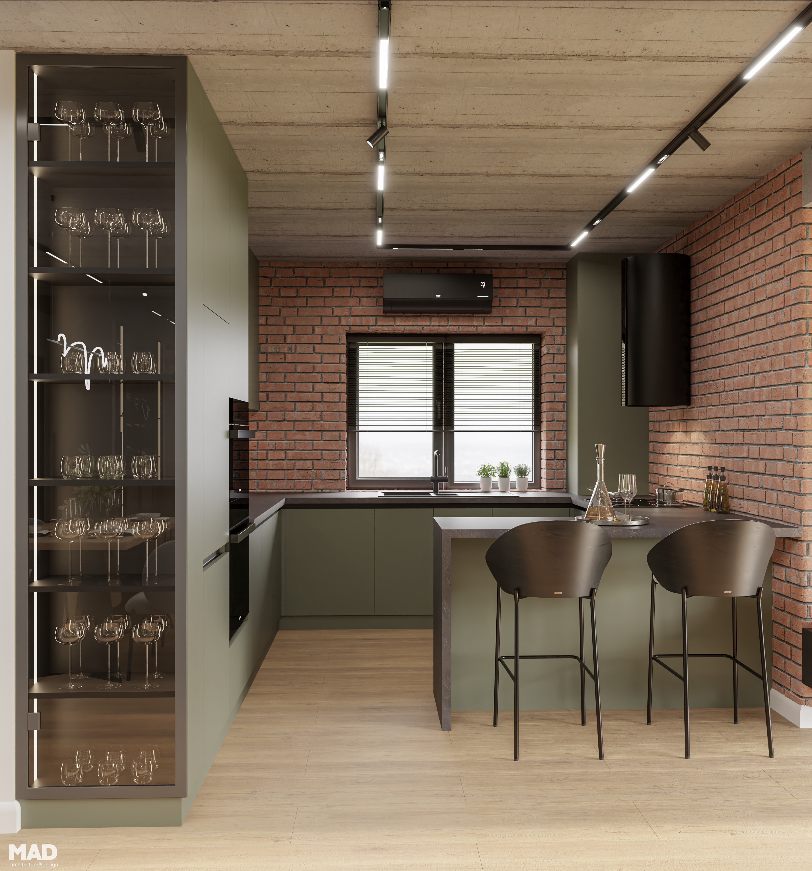 Bucătărie modernă cu vitrină din sticlă fumurie pentru pahare și vinuri, finisaje industriale elegante de MAD architecture&design.