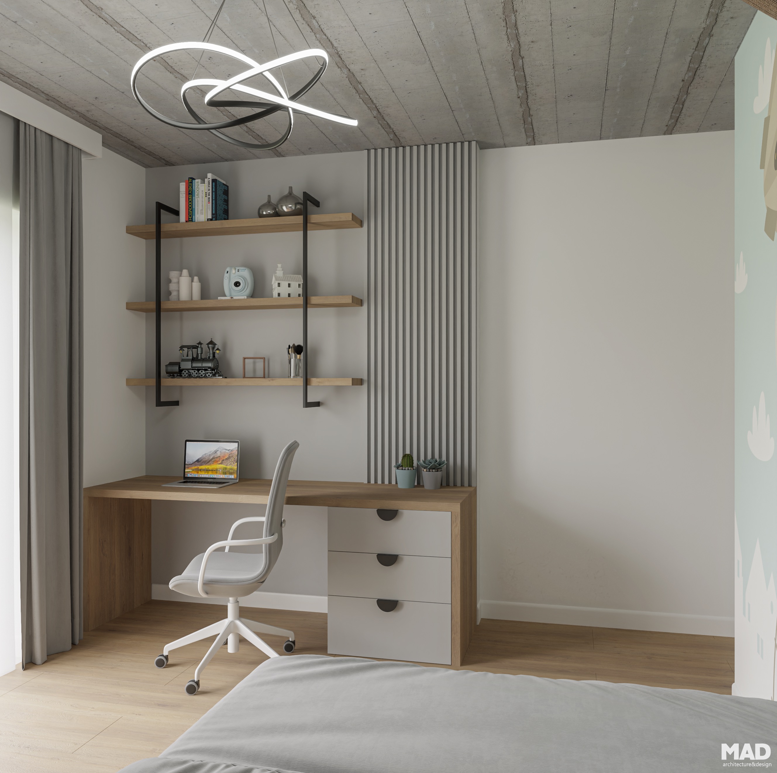 Zonă de studiu pentru copil cu birou din lemn, scaun alb și rafturi suspendate, design modern MAD architecture&design.