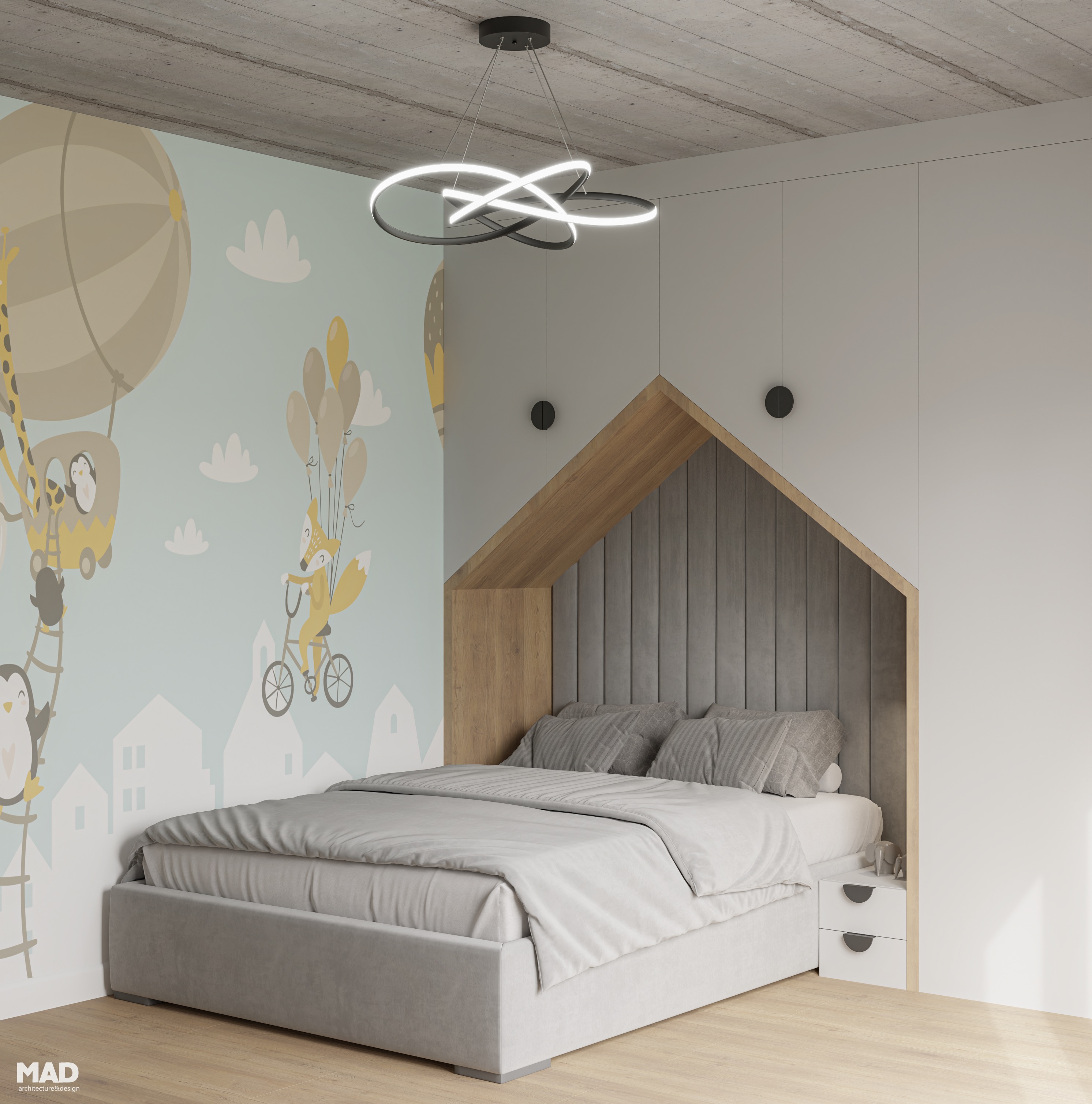 Cameră copil modernă, pat încastrat într-o nișă tip căsuță cu lemn natural și gri catifelat, design ludic MAD architecture&design.
