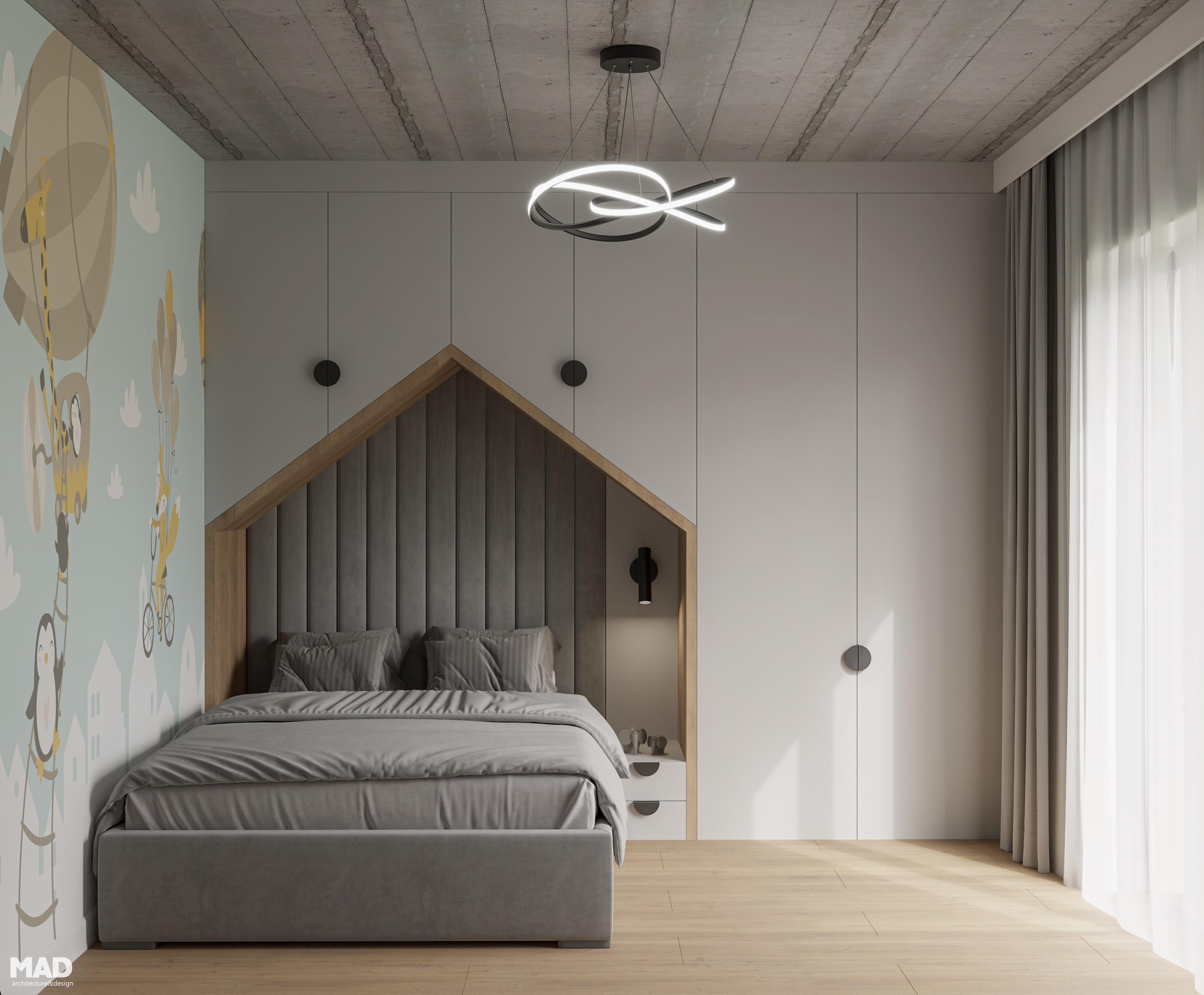 Dormitor copil cu pat gri tapițat, mobilier alb integrat și tapet ilustrativ pastelat, design MAD architecture&design.