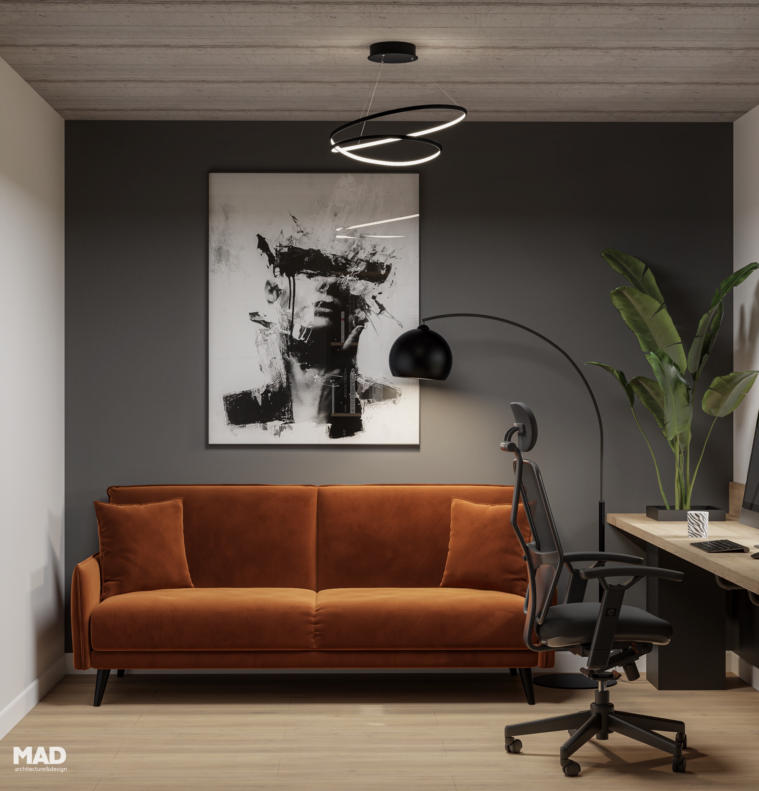 Birou elegant cu perete antracit, canapea teracotă și corp de iluminat decorativ, amenajare MAD architecture&design.
