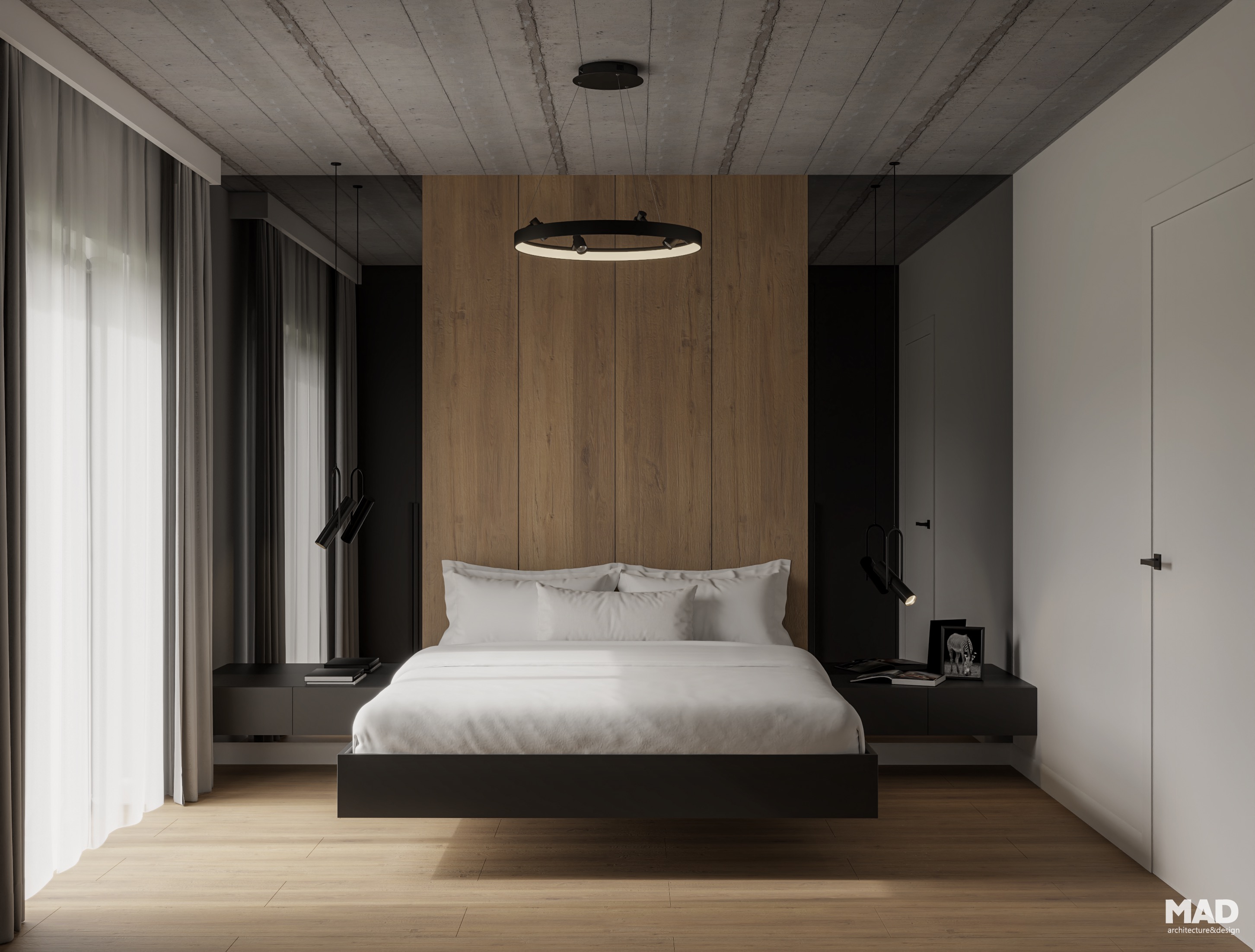 Dormitor matrimonial elegant cu finisaje din lemn natural, pat suspendat și iluminat minimalist, realizat de MAD architecture&design.