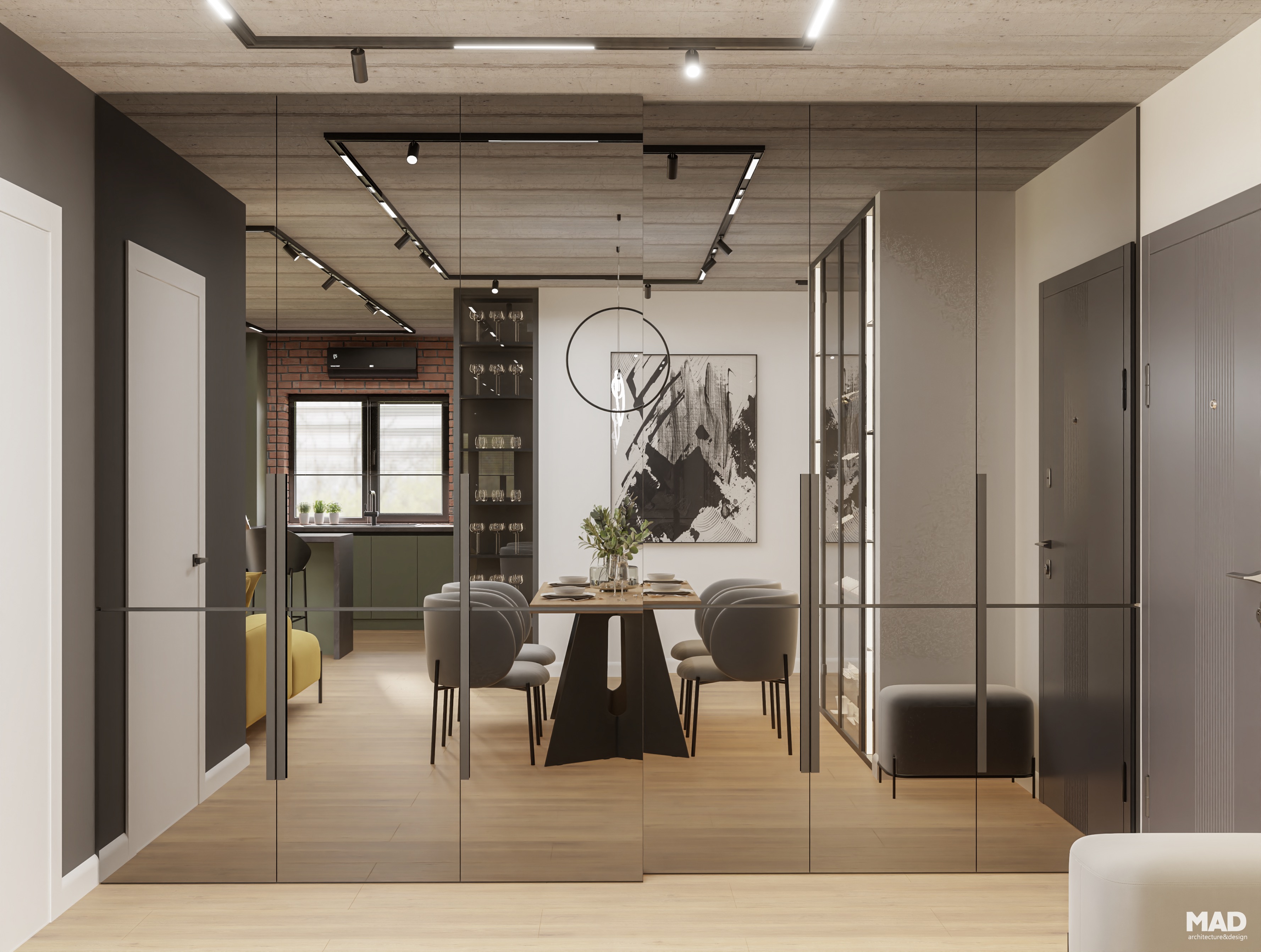 Hol modern cu panouri oglindă, finisaje neutre și perspectivă spre dining și bucătărie, amenajare MAD architecture&design