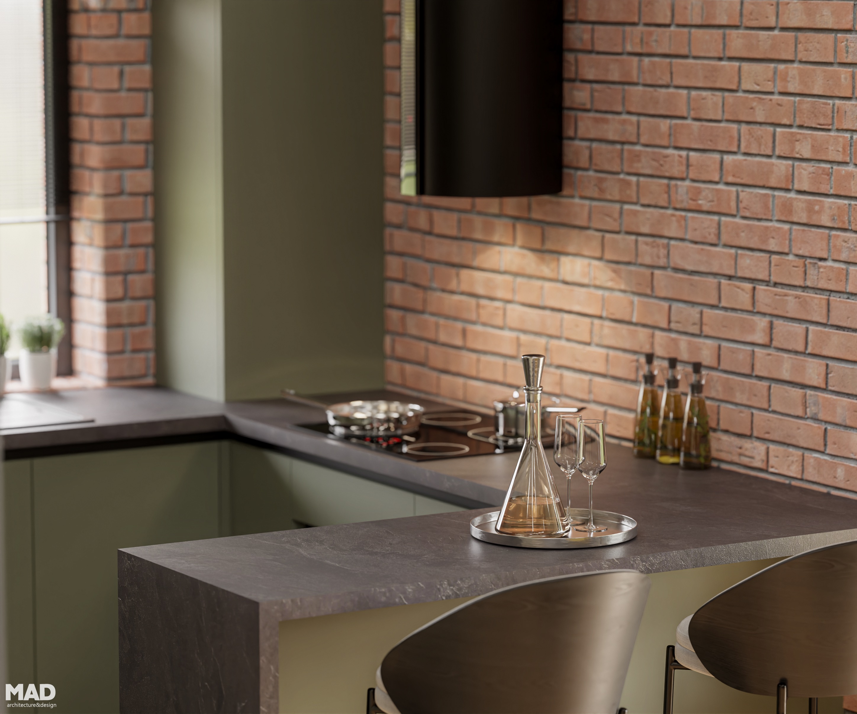 Bucătărie în stil industrial, cu mobilier verde oliv, blat antracit și perete de cărămidă aparentă, design realizat de MAD architecture&design.
