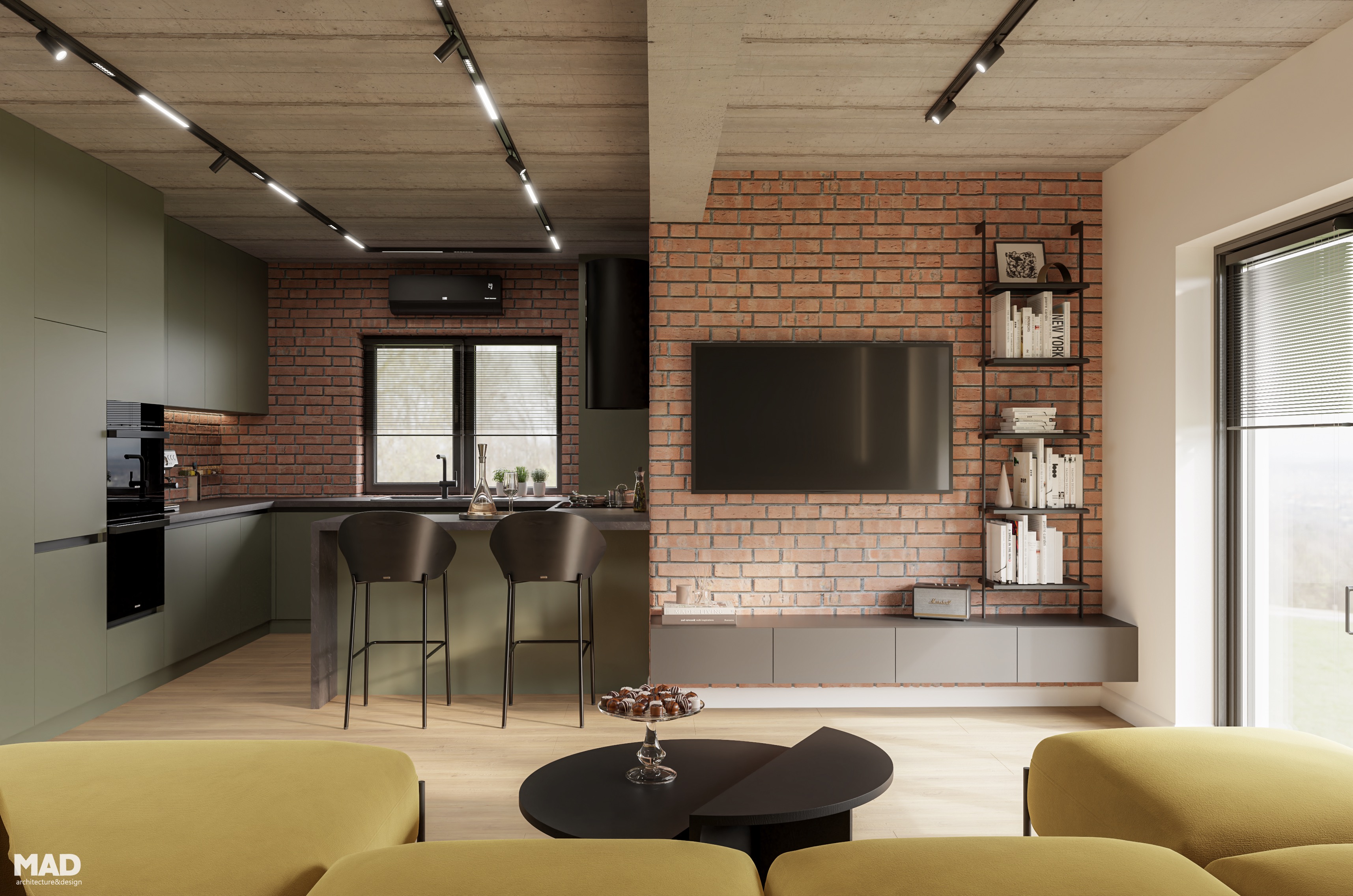 Zonă open-space cu bucătărie, bar și living, combinație de cărămidă, mobilier verde și accente metalice, design MAD architecture&design.
