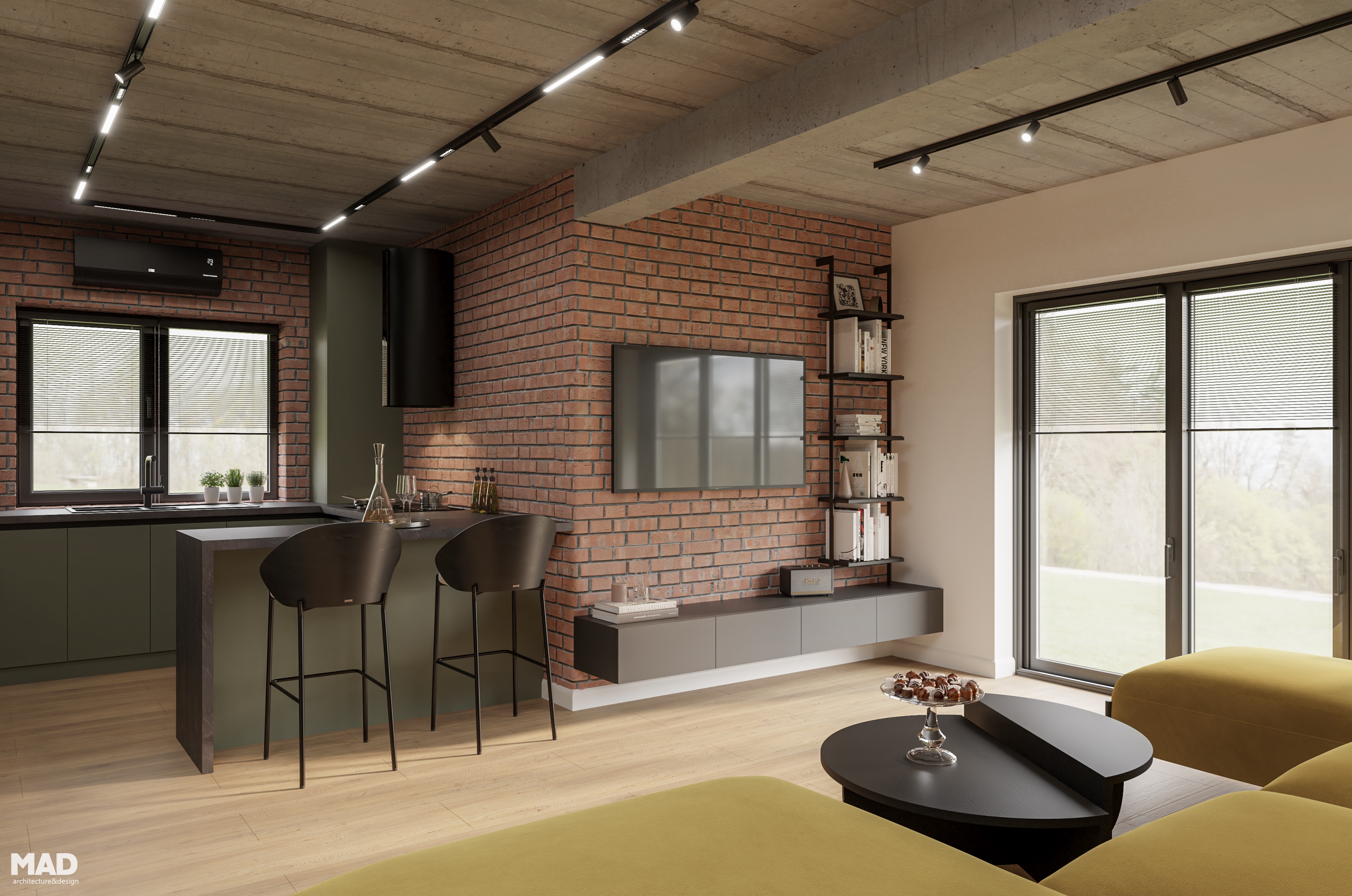 Living modern-industrial cu perete de cărămidă, mobilier suspendat și detalii negre metalice, realizat de MAD architecture&design.