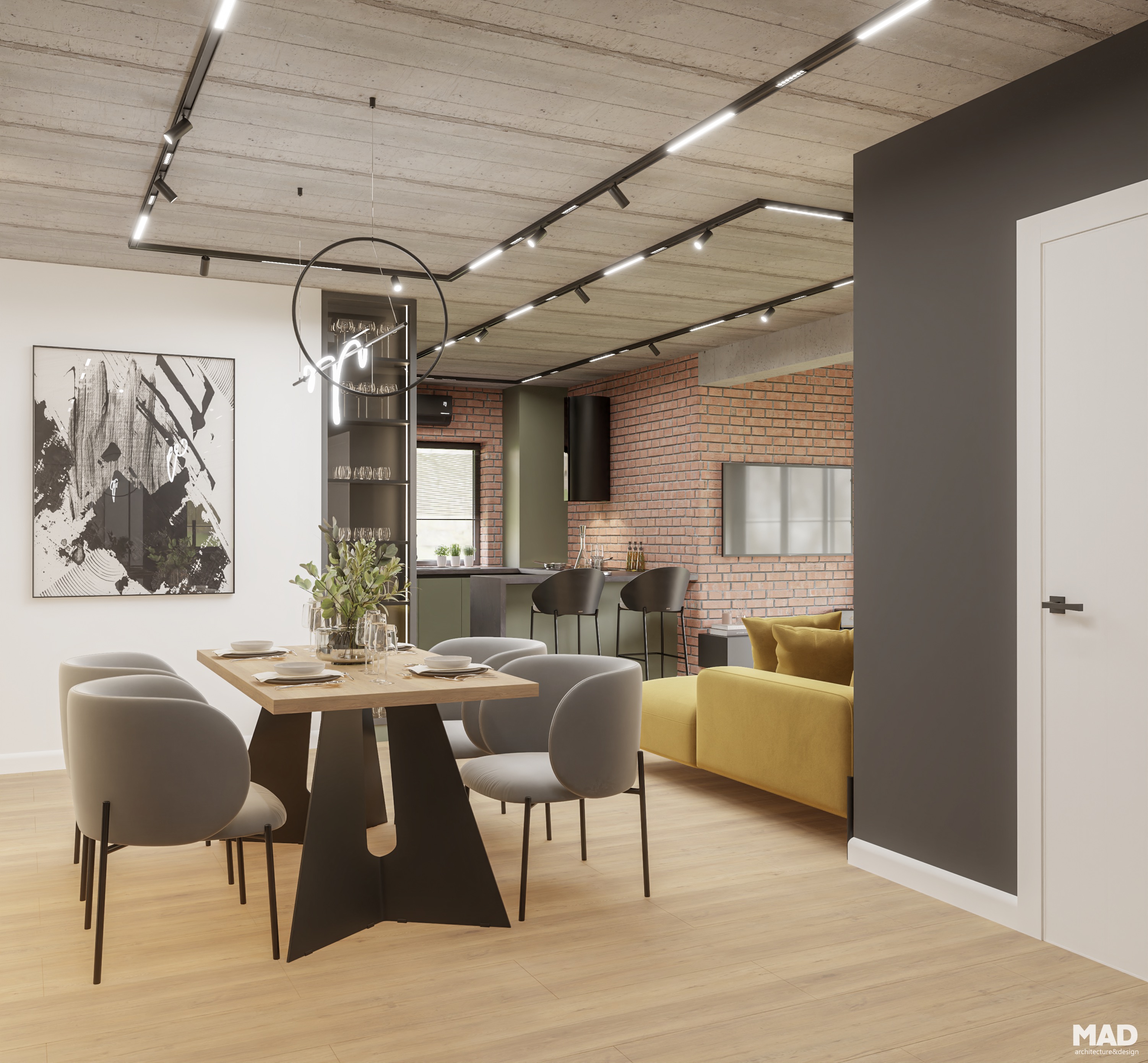 Amenajare dining în stil industrial modern, masă cu bază metalică și scaune tapițate gri, design MAD architecture&design.