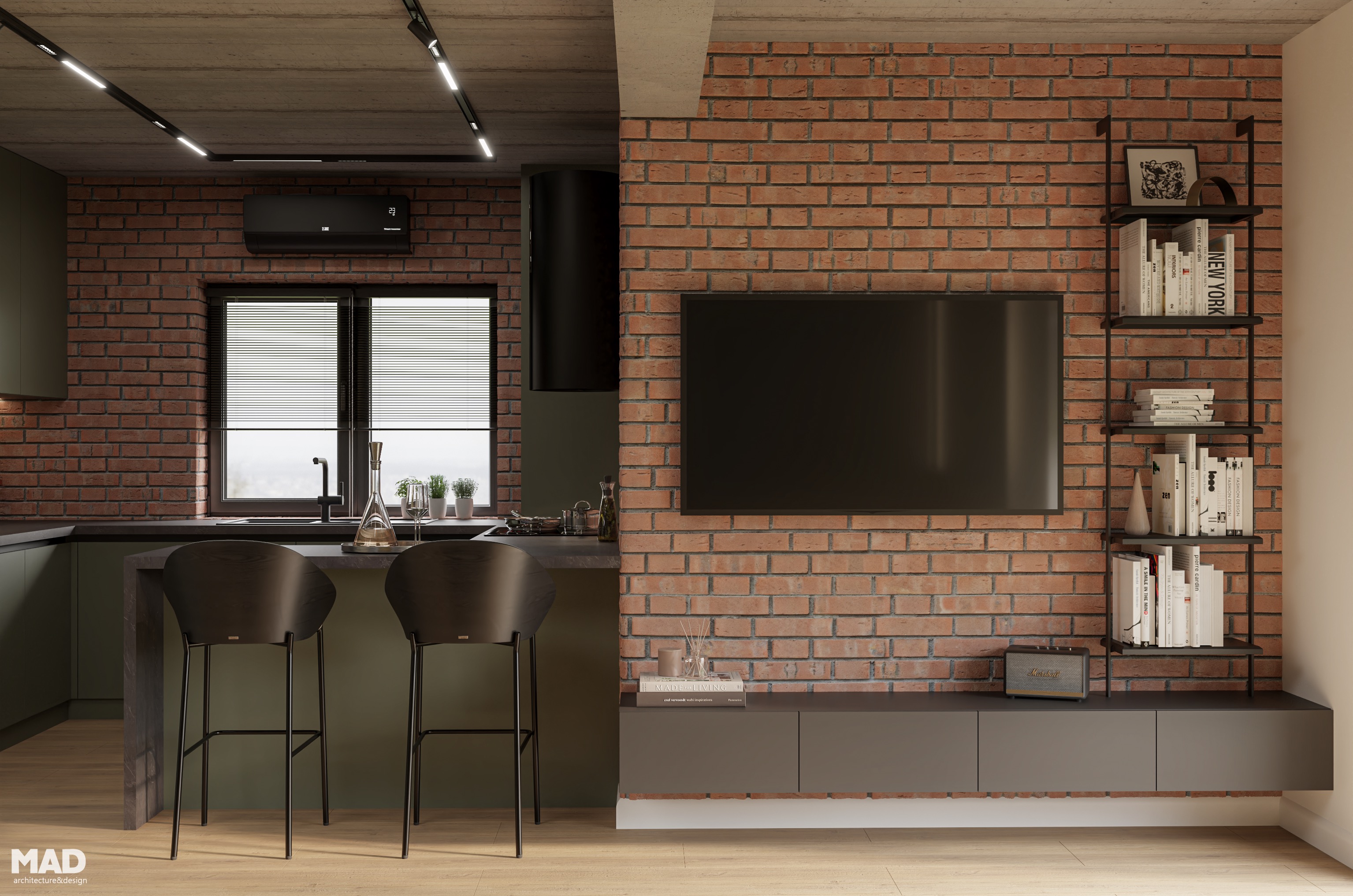 Detaliu de perete TV din cărămidă aparentă cu mobilier minimalist suspendat, design MAD architecture&design.