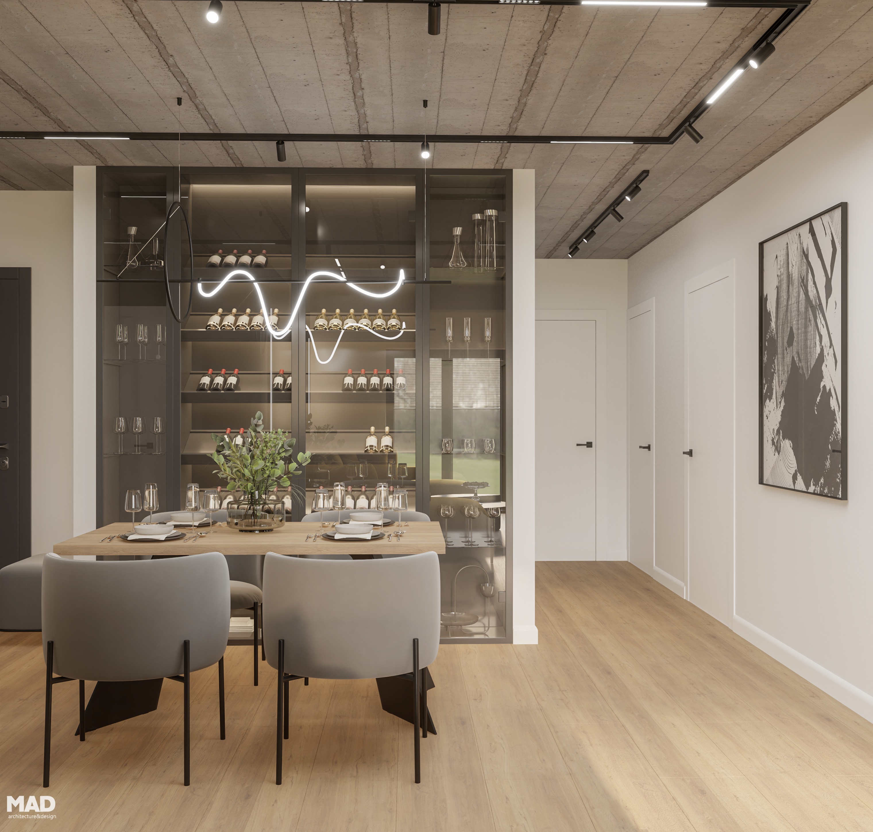Zonă de dining cu mobilier elegant și vitrină pentru vinuri, cu accente metalice și sticlă fumurie, realizată de MAD architecture&design.