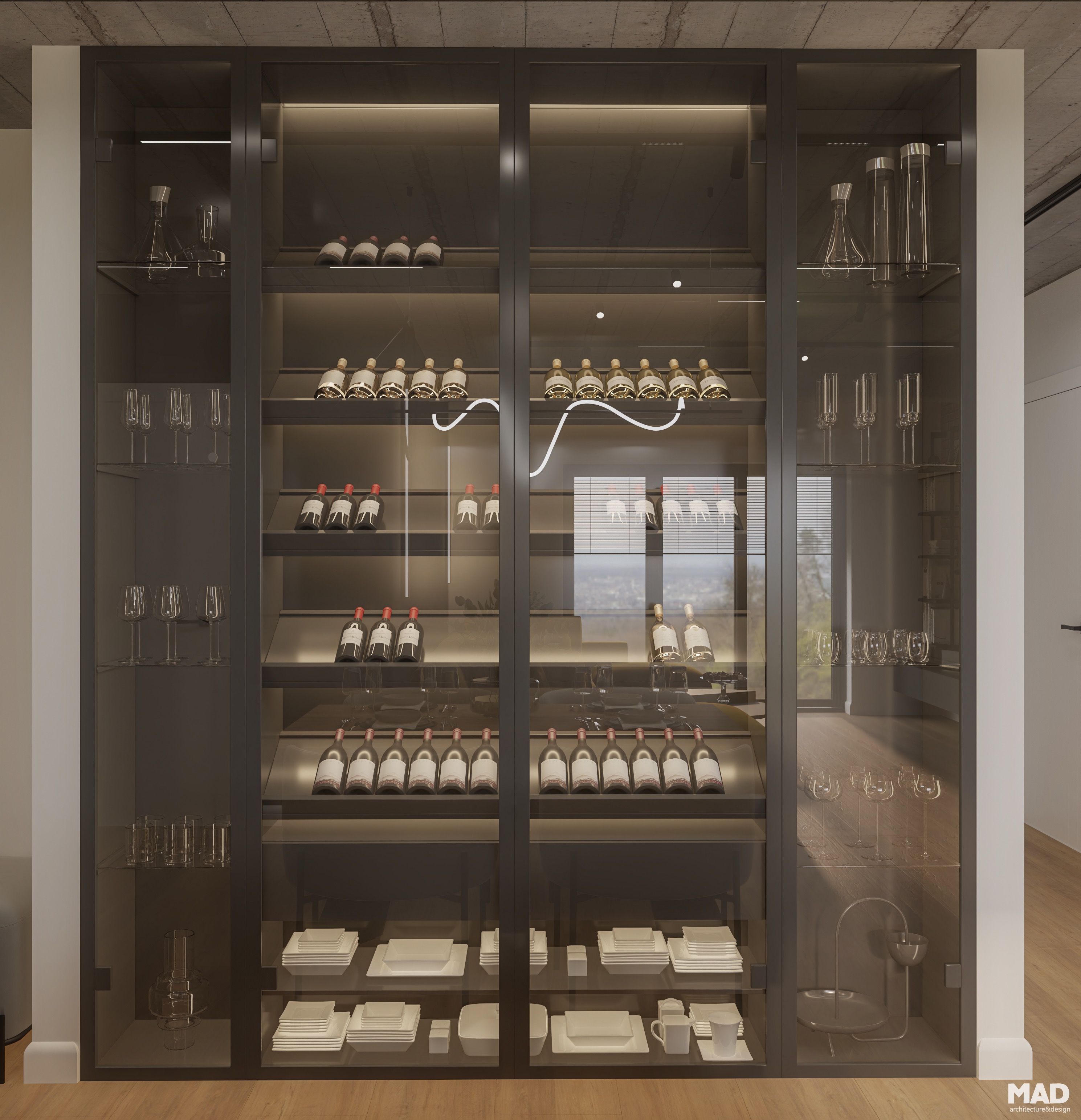 Vitrină premium cu sticlă fumurie și iluminare LED, pentru depozitarea vinurilor și veselei, design MAD architecture&design.