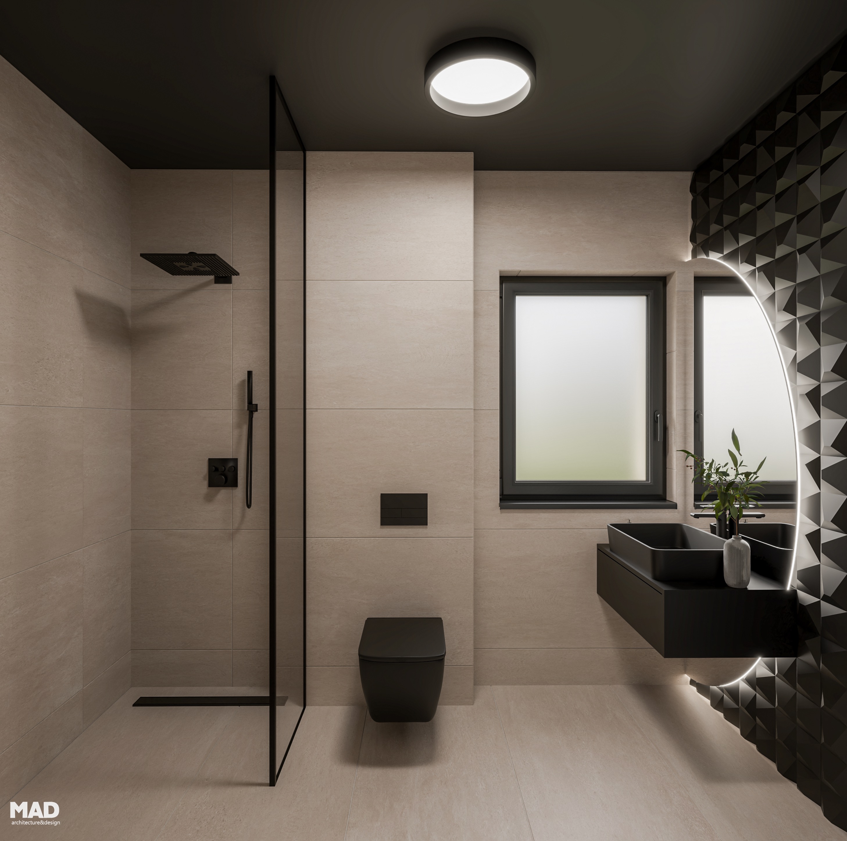 Baie spațioasă în stil wabi-sabi, cu cadă freestanding neagră, mobilier suspendat cu riflaj vertical și iluminat ambiental subtil, proiect semnat MAD architecture&design