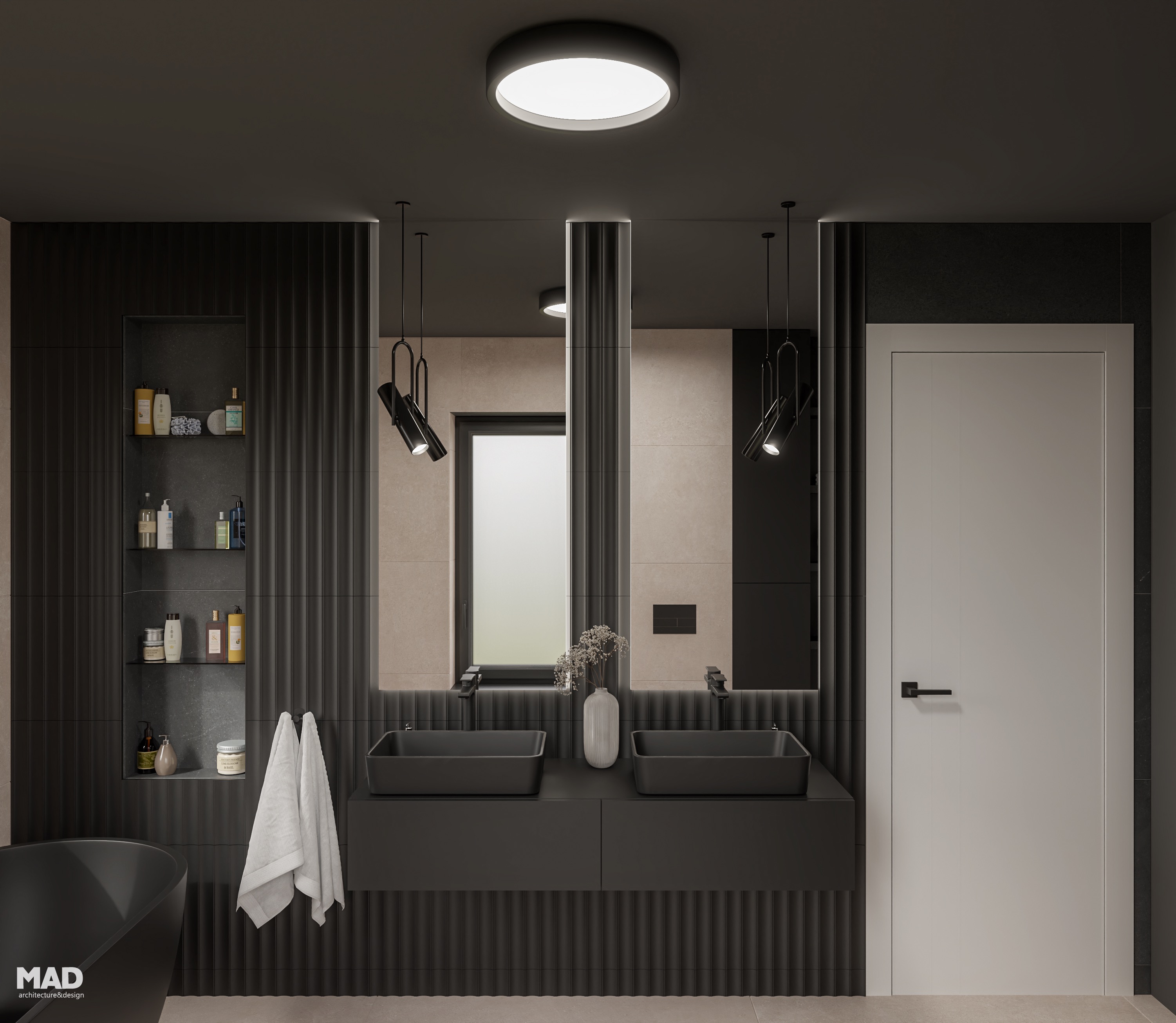 Baie modernă în stil wabi-sabi, cu lavoar dublu negru mat, oglinzi cu iluminare integrată și finisaje bej naturale, design premium realizat de MAD architecture&design.