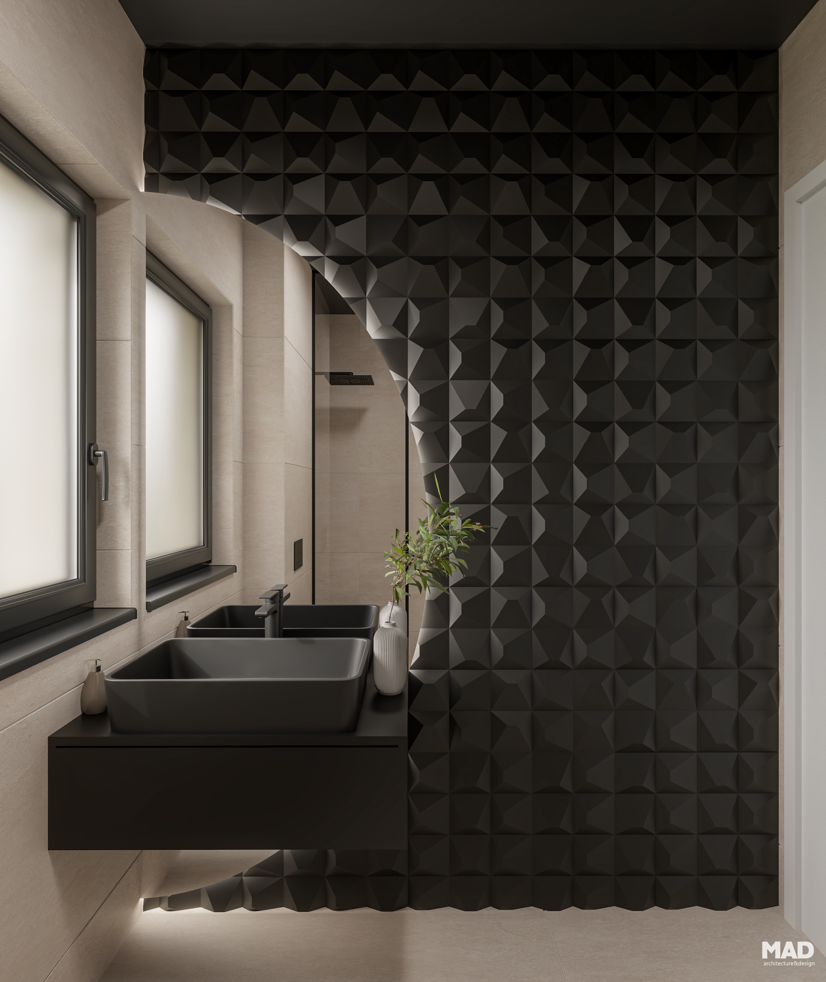 Baie elegantă cu perete accent negru texturat 3D și oglindă retroiluminată în formă de semilună, lavoar negru mat și detalii vegetale, proiect MAD architecture&design.