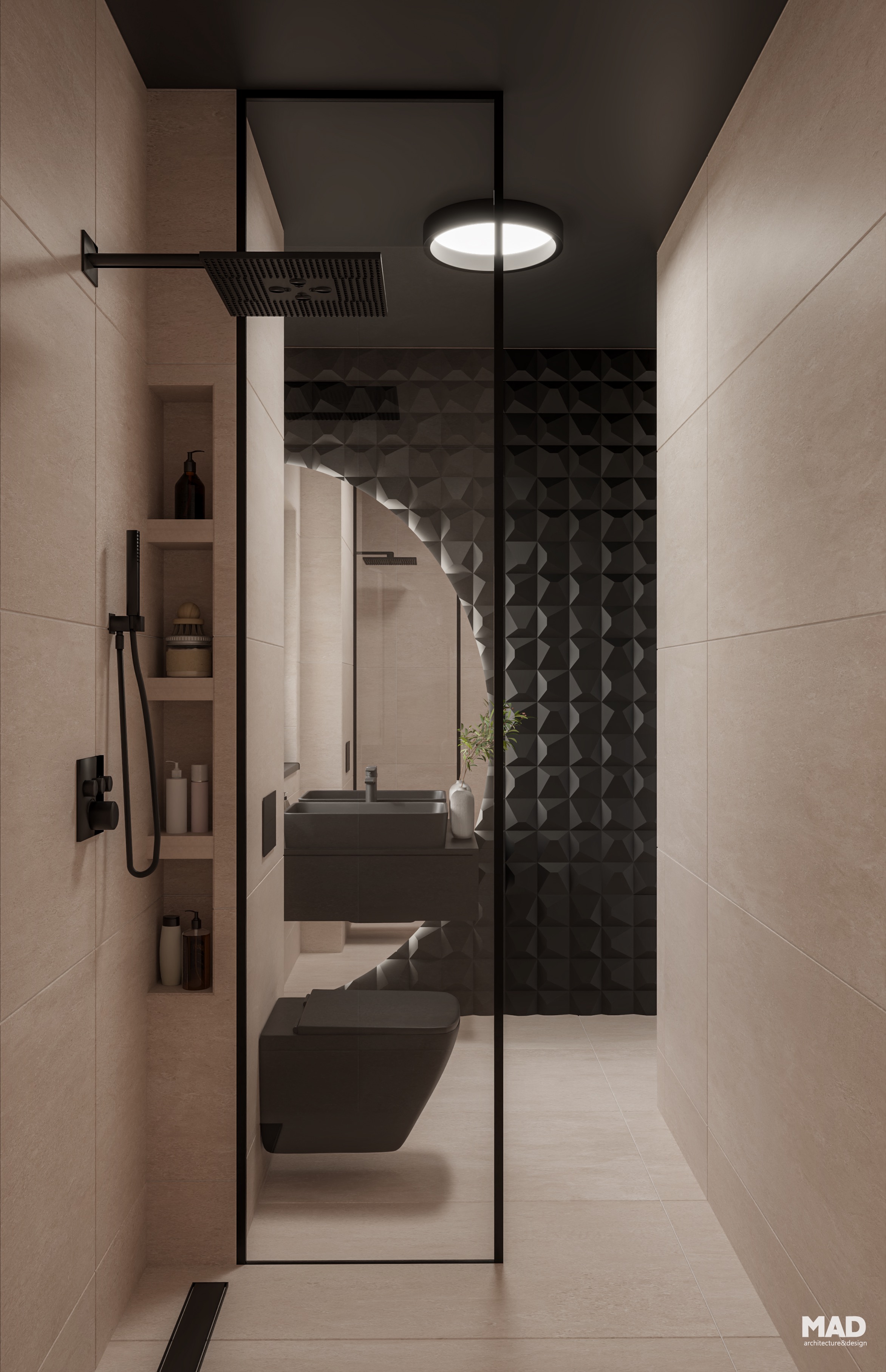 Zonă de duș modernă cu pereți placați în nuanțe calde de piatră, paravan din sticlă securizată și accesorii negre mate, amenajare semnată de MAD architecture&design.