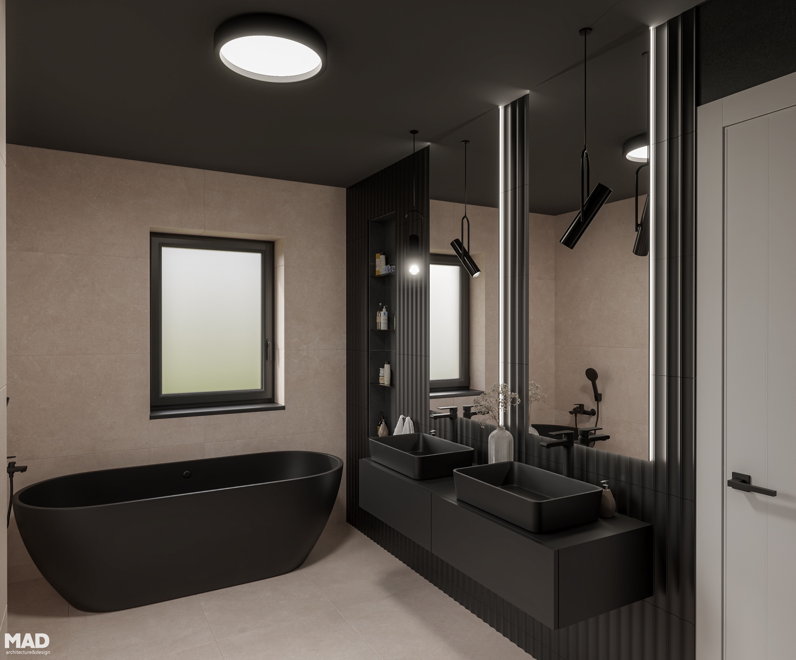 Baie minimalistă în tonuri naturale, cu obiecte sanitare negre, duș walk-in și perete accent geometric iluminat, design contemporan MAD architecture&design.
