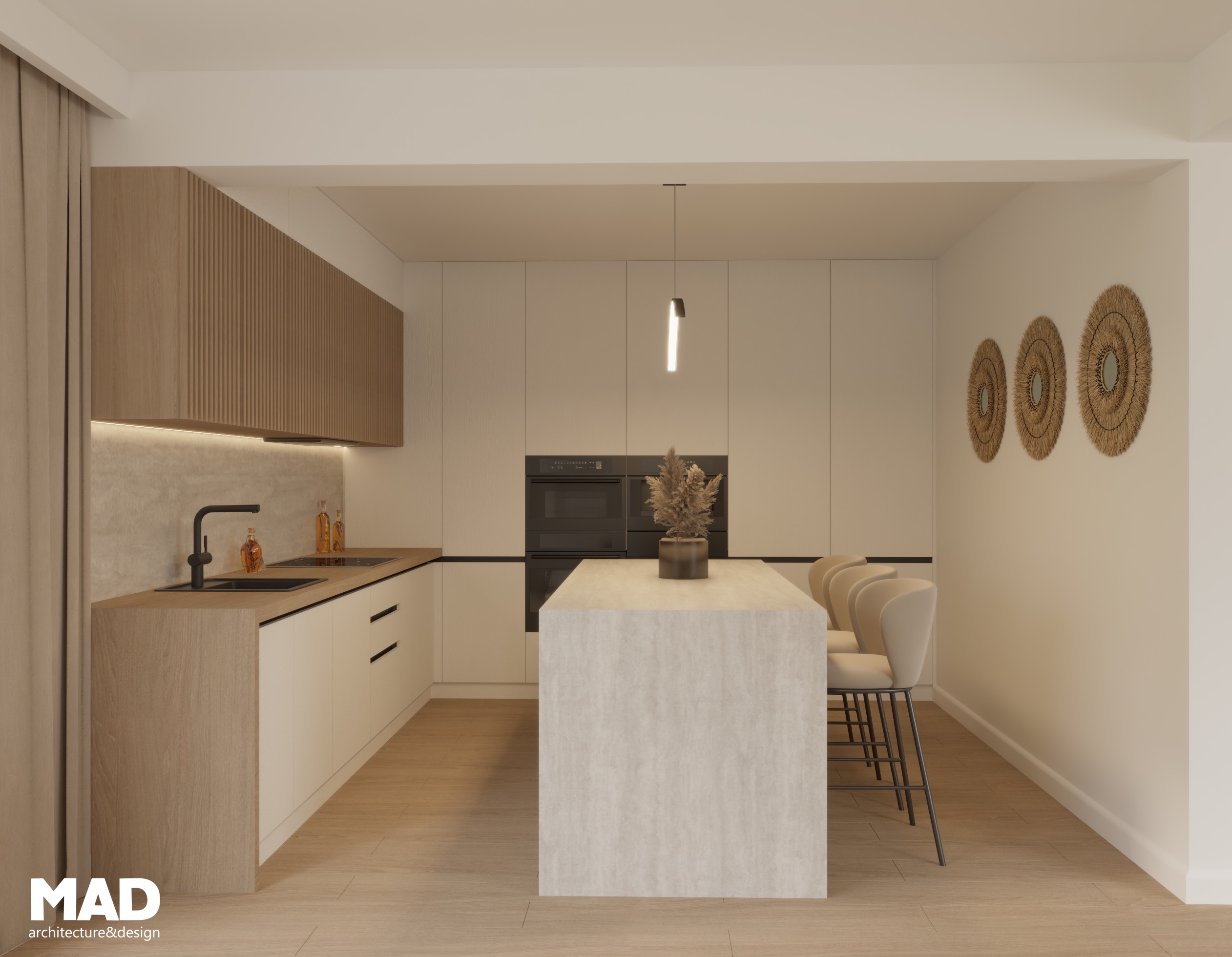 Bucătărie modernă în stil wabi-sabi, cu mobilier minimalist în nuanțe deschise, riflaj de lemn și insulă centrală din piatră bej, design realizat de MAD architecture&design.