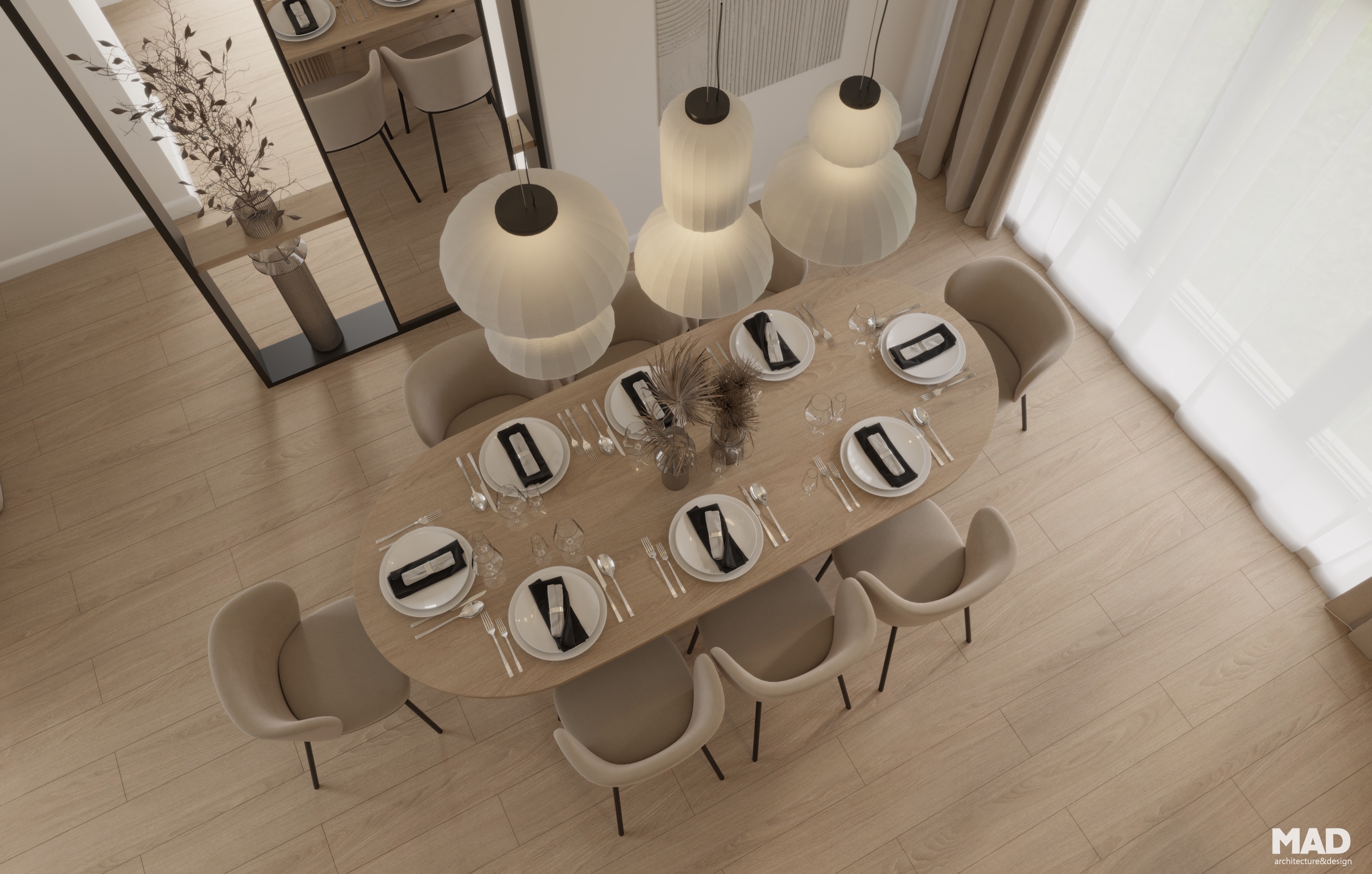 Vedere de sus asupra mesei de dining ovale din lemn masiv, decorată cu aranjamente naturale și corpuri de iluminat cu forme organice, design MAD architecture&design.