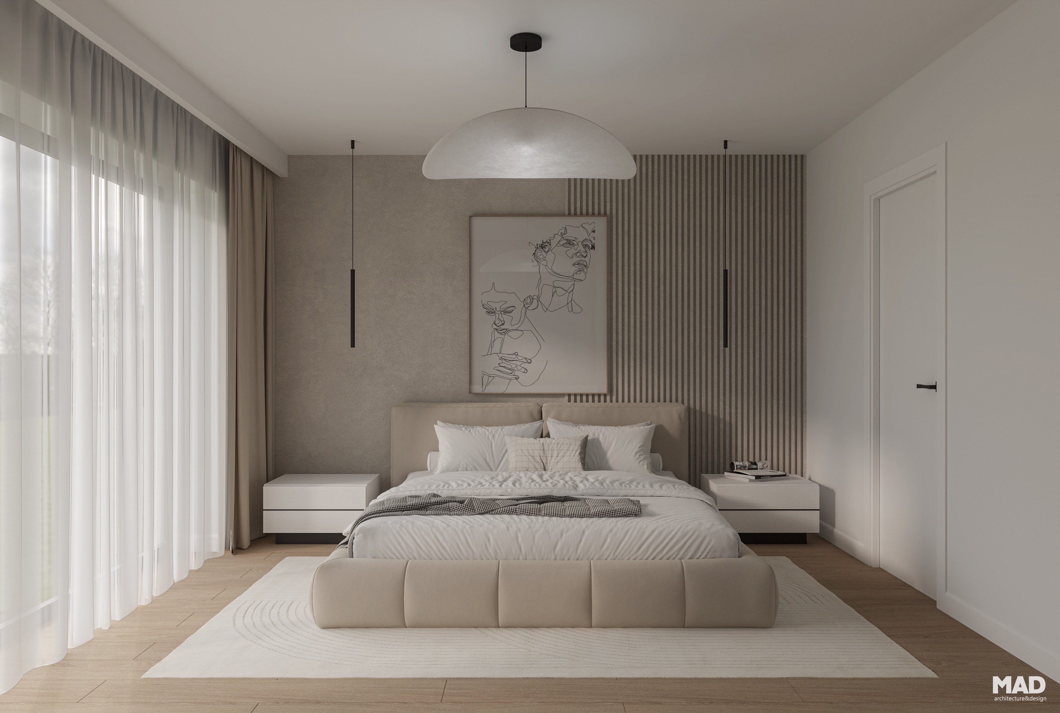 Dormitor matrimonial elegant în stil wabi-sabi, cu pat tapițat crem, perete accent riflat și lumini suspendate minimaliste, realizat de MAD architecture&design.