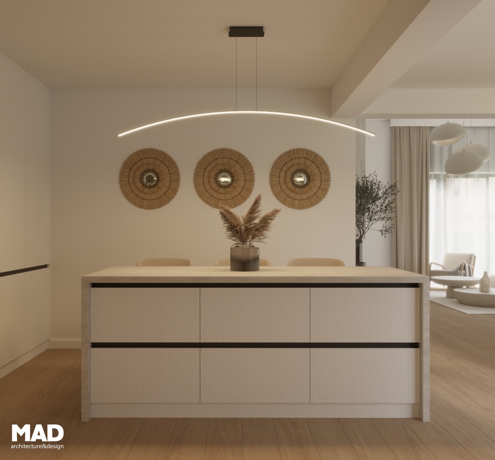 Insulă centrală în bucătărie elegantă, în stil wabi-sabi, cu fronturi texturate albe, blat din piatră și decor vegetal, realizată de MAD architecture&design.