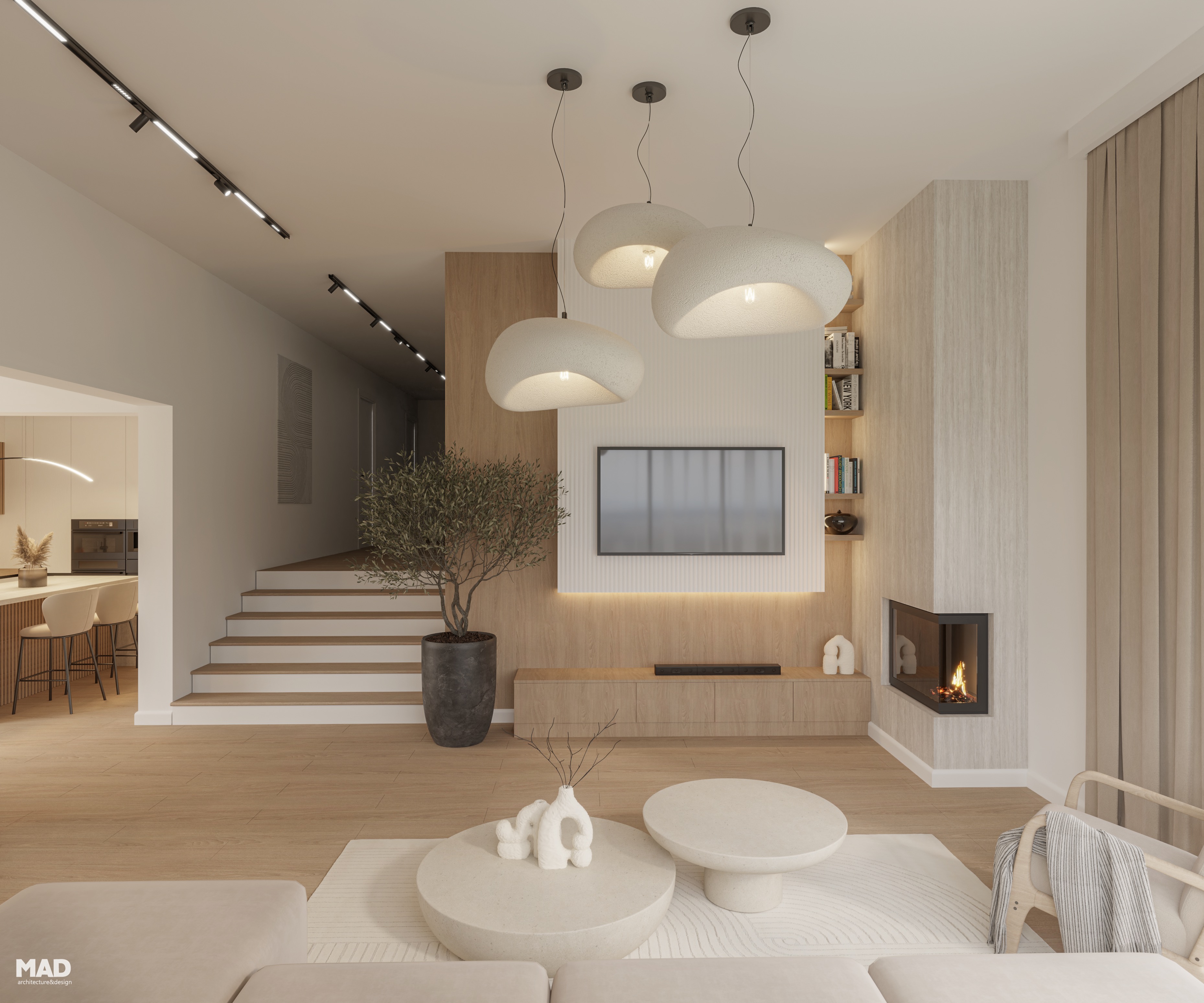 Living modern în stil wabi-sabi cu șemineu minimalist, mobilier din lemn deschis, corpuri de iluminat sculpturale și accente naturale, proiect MAD architecture&design.