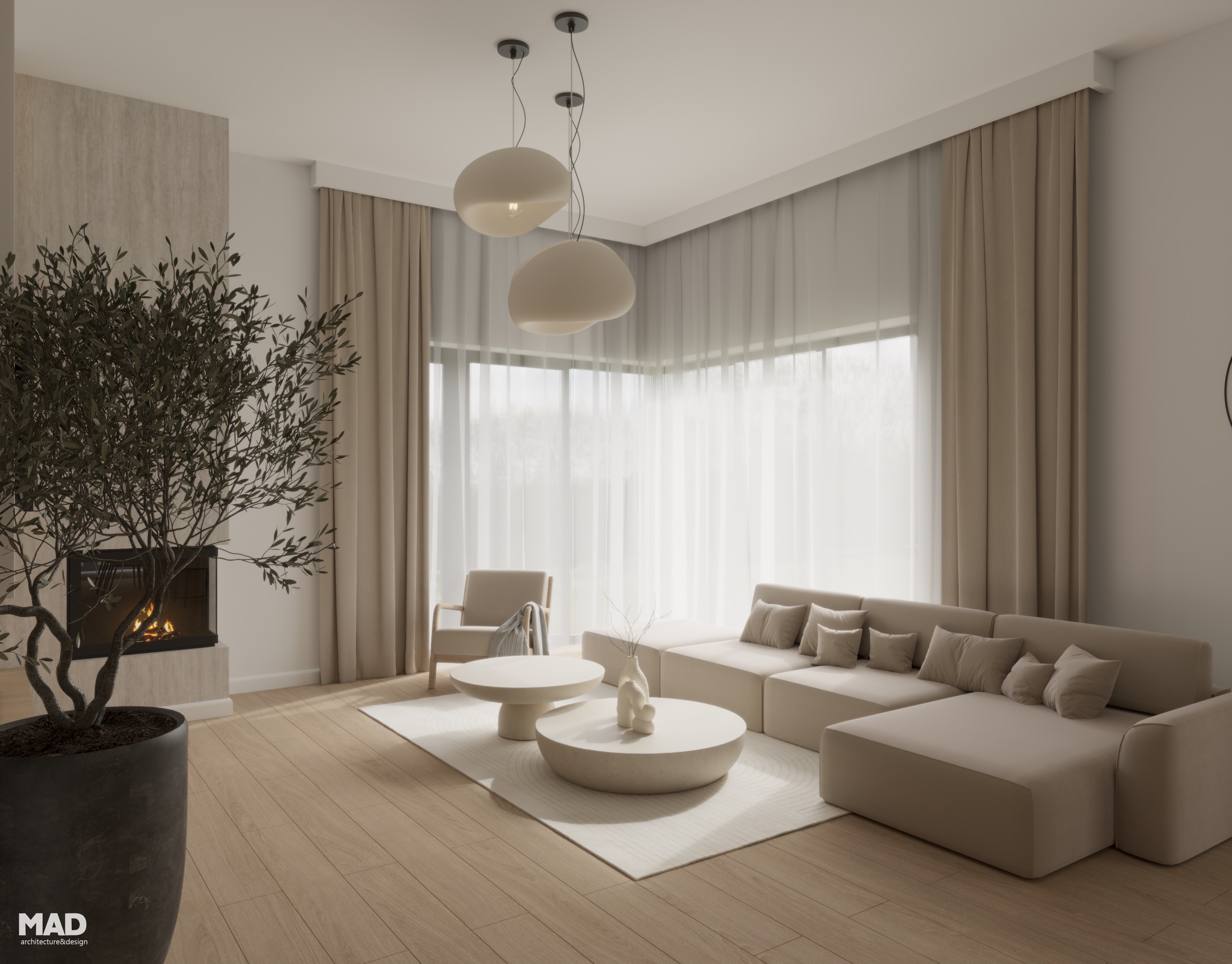 Spațiu de living luminos, cu canapea modulară bej, măsuțe din piatră, șemineu și plantă de interior, amenajat în stil wabi-sabi de MAD architecture&design.